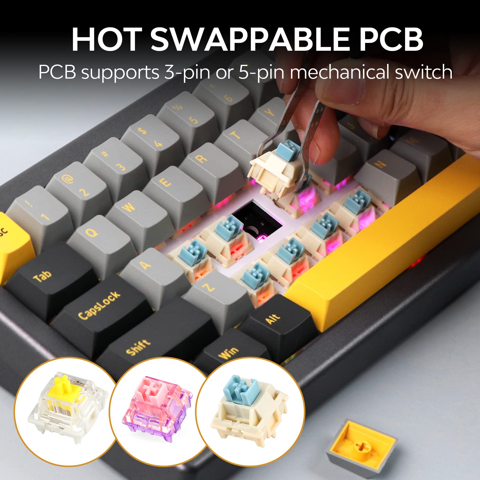 EPOMAKER EK68 65% Wireless Mechanical Gaming Keyboard - Hot Swappable Gasket Mount, Bluetooth 5.0/2.4Ghz/USB-C, Customizable Metal Knob (Black Gold, Gateron Pro Yellow Switches) - Perfect for Esports, Office Work & Typing Enthusiasts