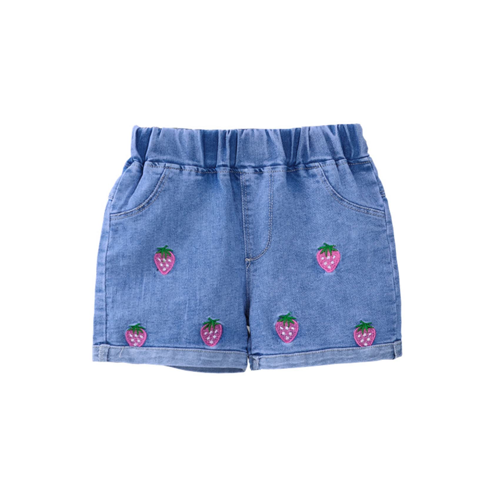 QinCiao Baby Toddler Girls Roll Hem Denim Shorts - Elastic Waist Embroidery Jeans Shorts for Summer Play, Outfits & Casual Wear