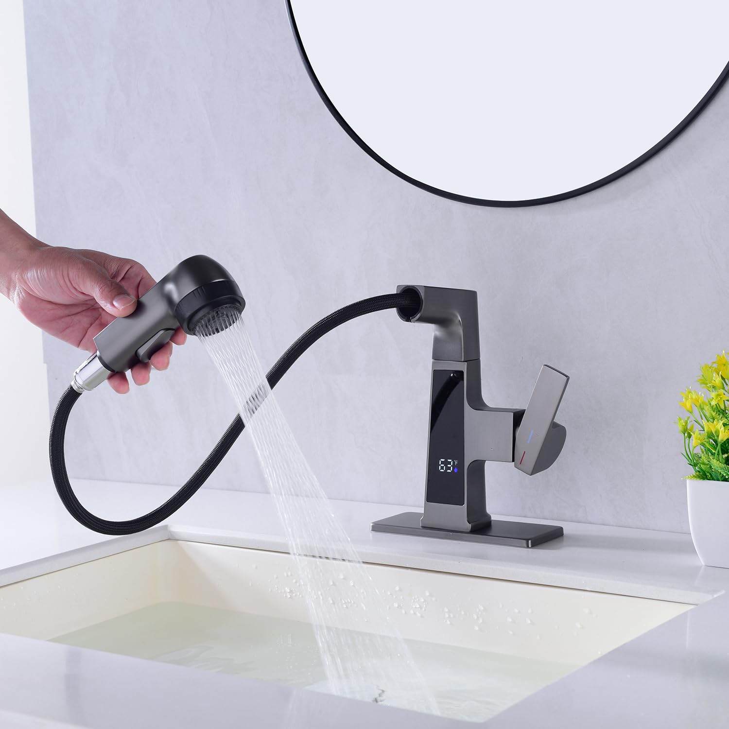 Qeemee LED Bathroom Faucet with Pull Out Sprayer - Grey Digital Temperature Display Sink Faucet with 5 Water Flow Modes, Single Handle RV Vanity Faucet for 1 or 3 Hole Installation - Perfect for Modern Bathrooms, Kitchen Sinks, and RV Living Spaces