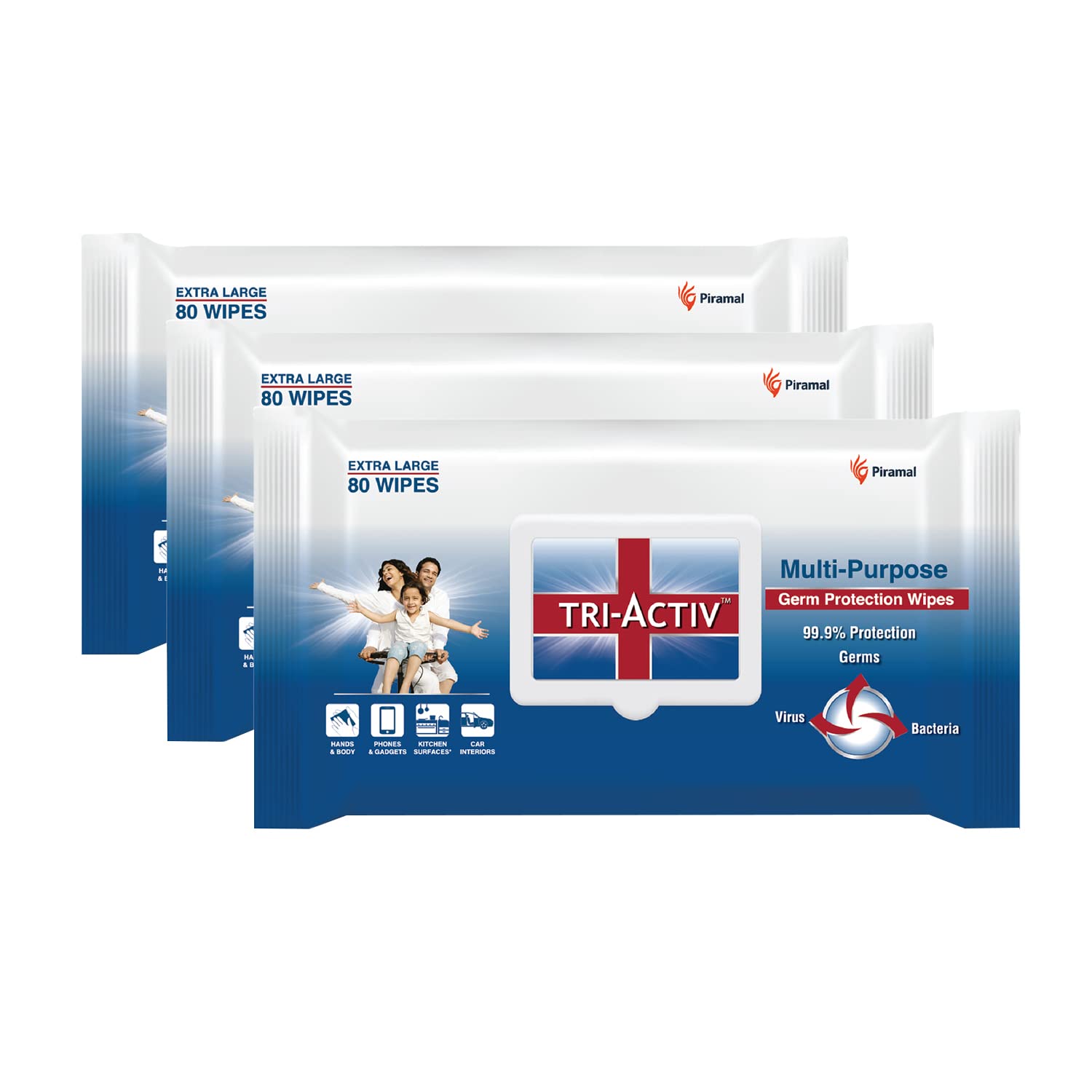 Tri-Activ Multi-Purpose Disinfecting Wipes - Antibacterial Cleaning Wipes with Aloe Vera | Kills 99.9% Germs | Safe for Skin & Surfaces | Extra Large 80-Count Canister (Pack of 3) | Perfect for Home, Office, Gym & Travel Use