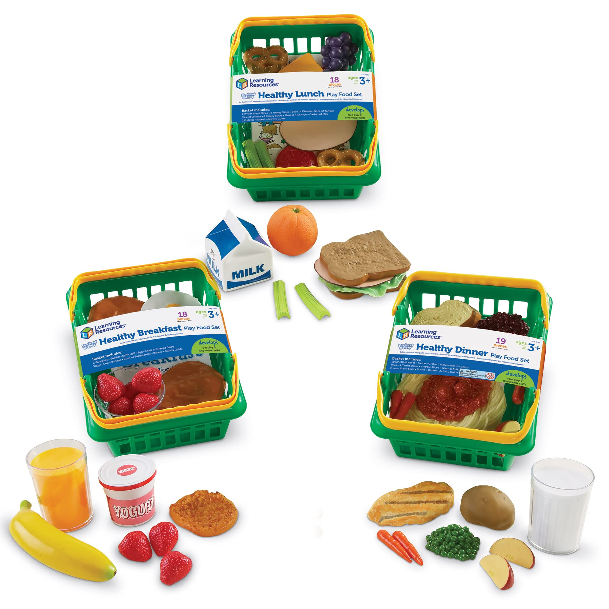 Learning Resources Pretend & Play Healthy Foods Set - 3 Baskets of Plastic Play Food for Kids Ages 3+ | Perfect for Preschool Learning, Role Play & Healthy Eating Education