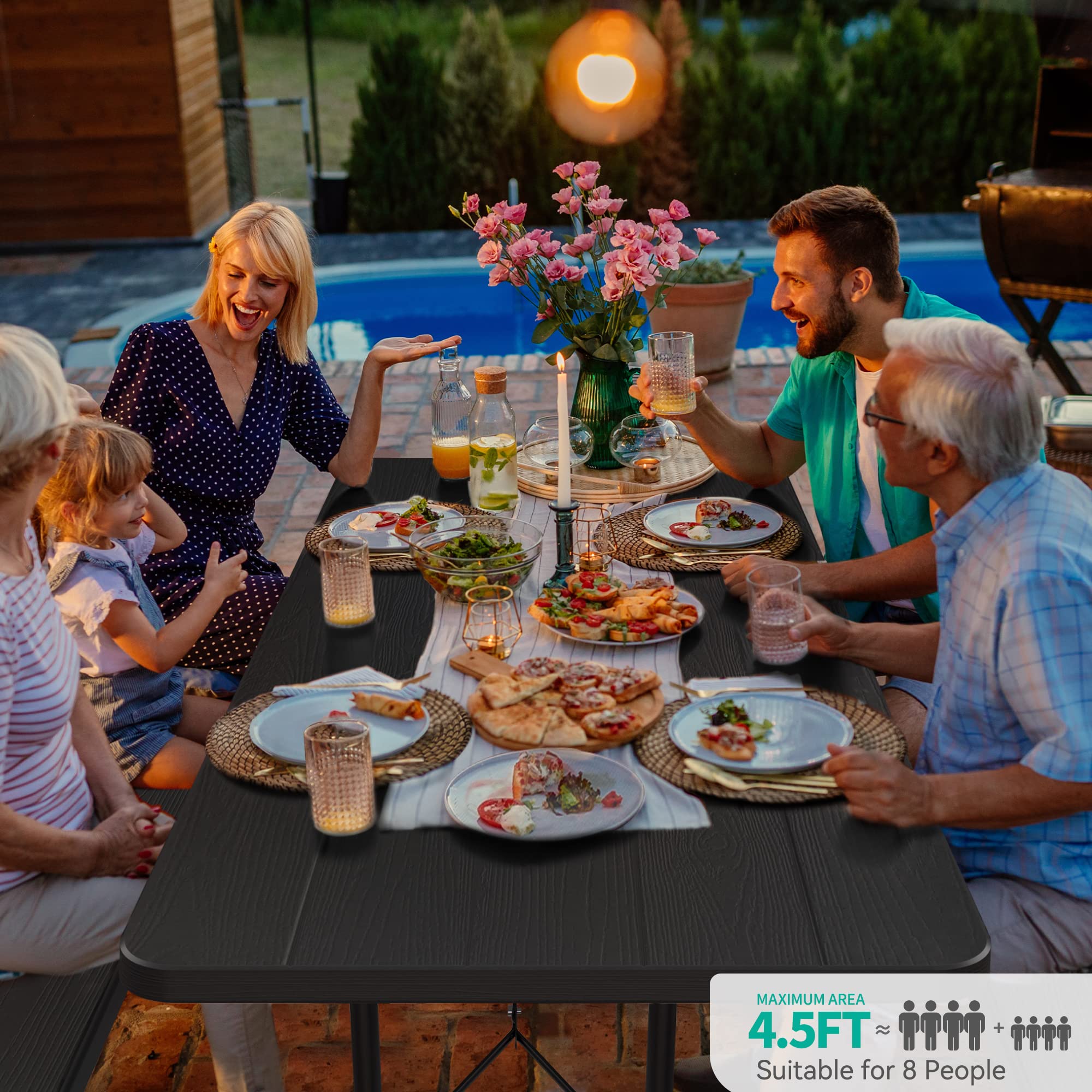 YITAHOME Folding Picnic Table with Benches - Easy Assembly Steel Frame & Wood-Like Tabletop, All-Weather Outdoor Dining Set for Yard, Patio, Lawn, Camping, BBQ Party - Black