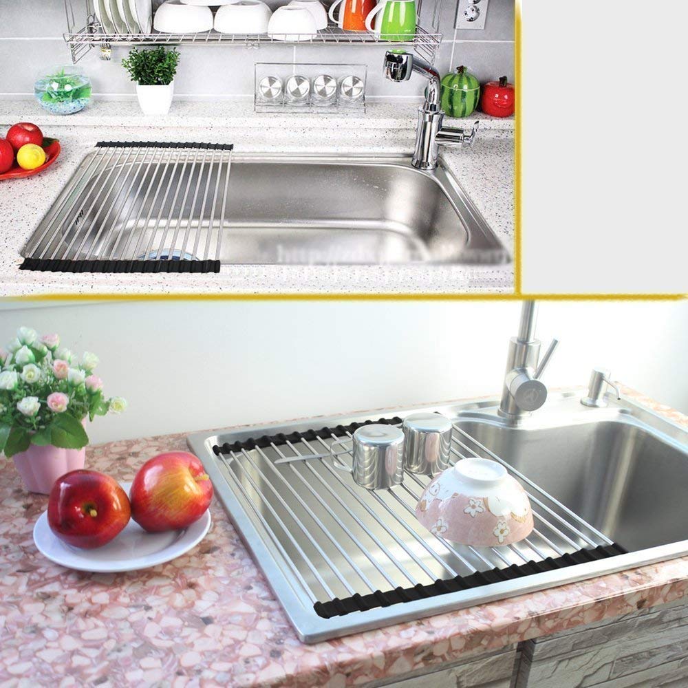 Stainless Steel Roll-Up Dish Drying Rack for Kitchen Sink - Space Saving 47x47cm Black Dish Drainer for Dishes, Utensils, Fruits & Vegetables - Perfect for Small Kitchens, Apartments & RVs