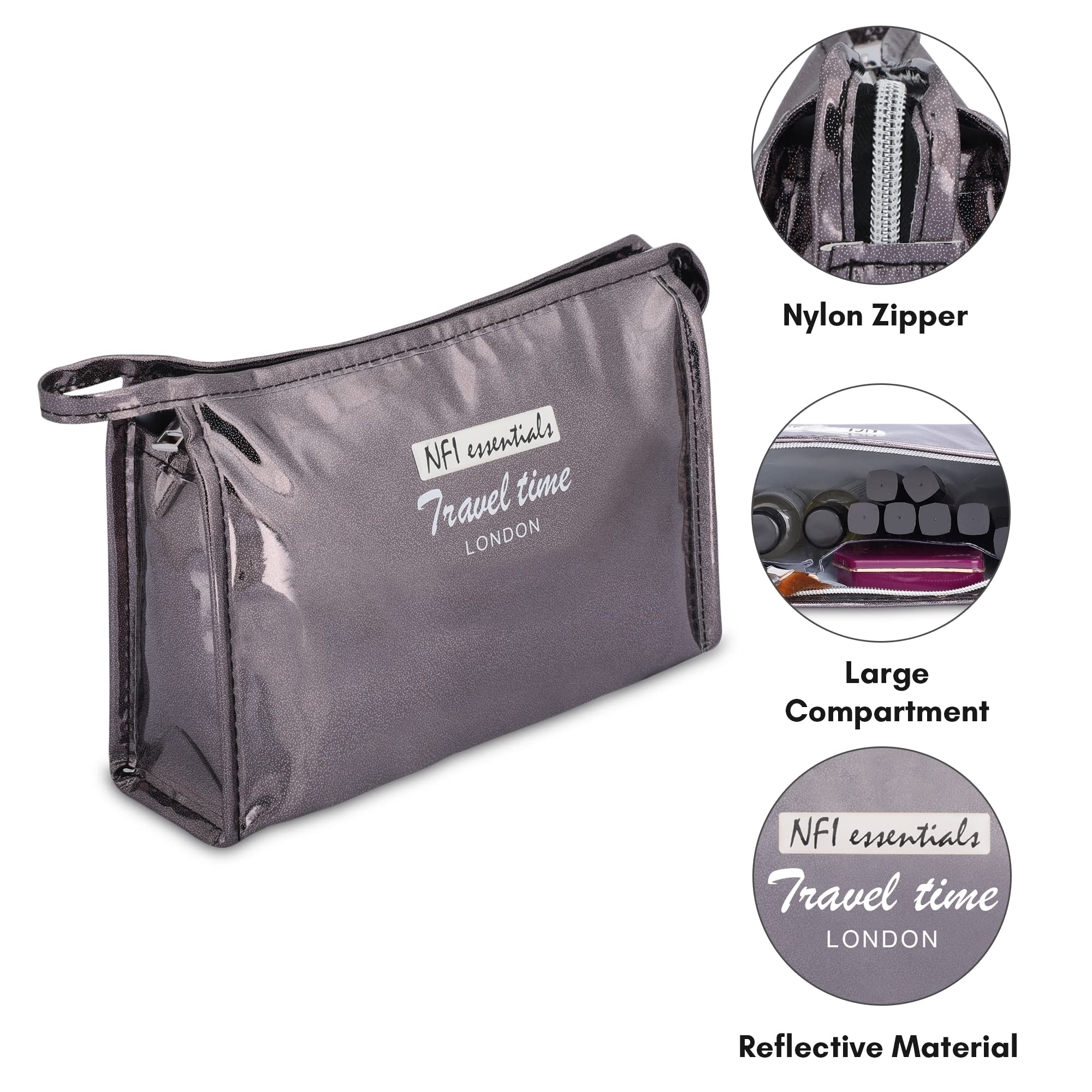 NFI Essentials Reflective Makeup Pouch for Women - Waterproof Cosmetic Bag, Travel Toiletry Organizer for Makeup Brushes & Accessories - Perfect for Gym, Travel, and Everyday Use