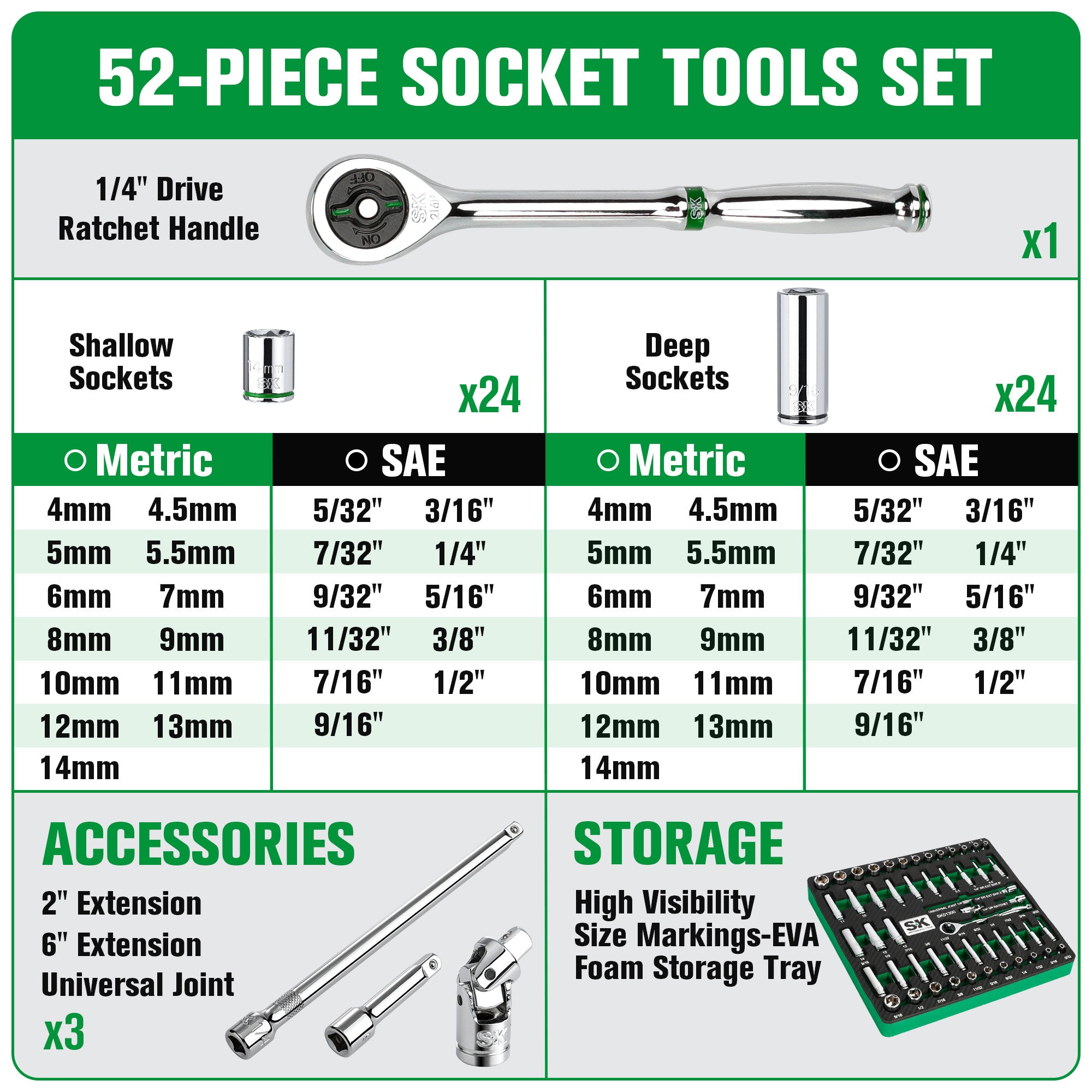 1/4 Inch Drive 52-Piece 6-Point Shallow & Deep SAE & Metric Chrome Socket Set - Perfect for Automotive Repair, DIY Projects, and Home Maintenance