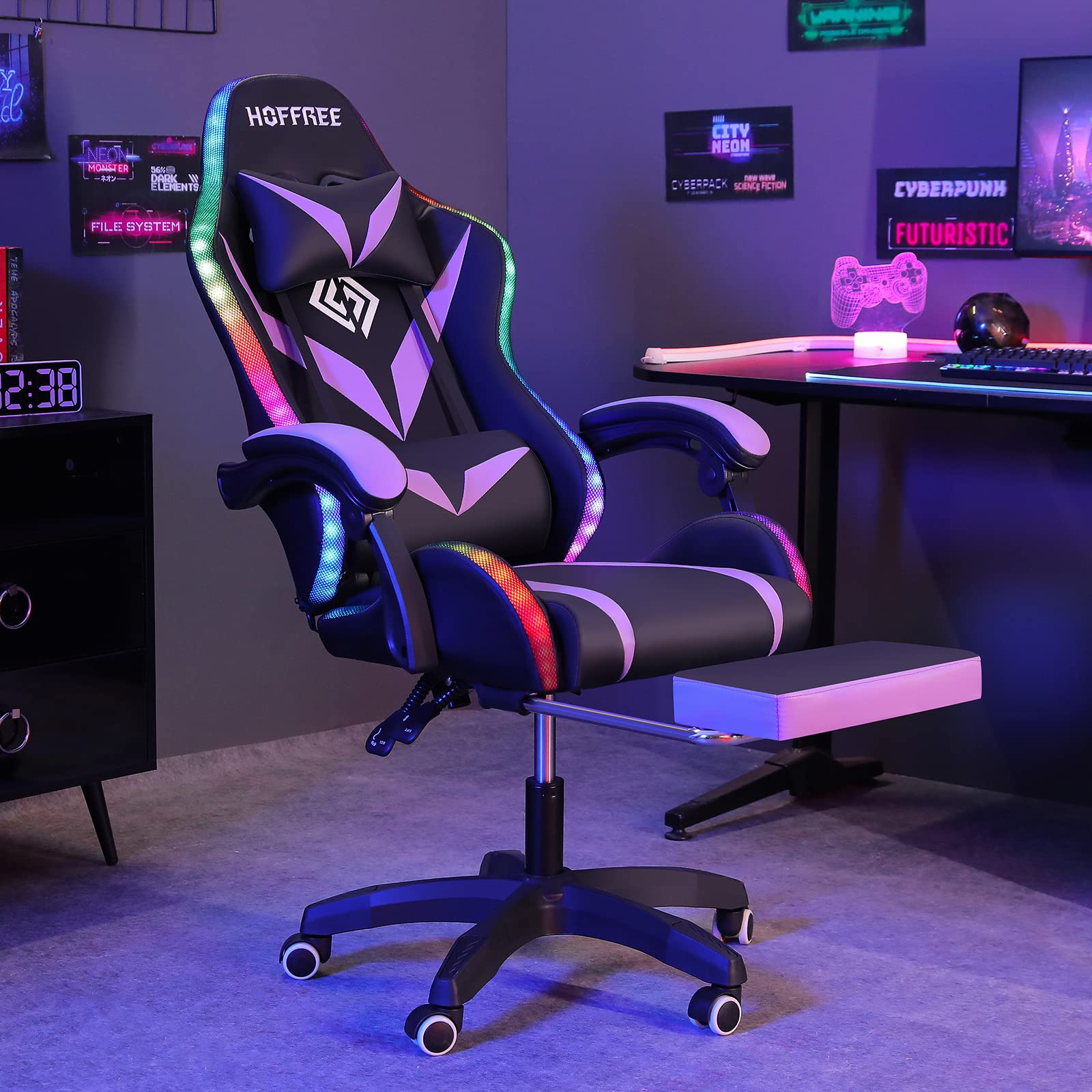 Ergonomic Massage Gaming Chair with Bluetooth Speakers & RGB LED Lights - High Back Computer Chair with Lumbar Support, Footrest - Purple & Black for PC Gaming, Home Office & Entertainment