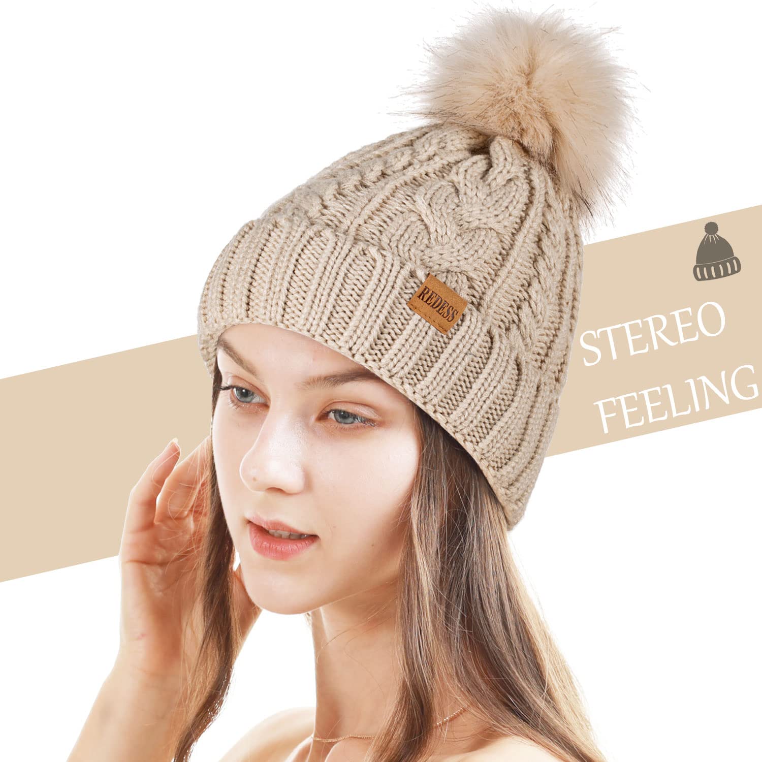 REDESS Women's Winter Pom Pom Beanie Hat - Fleece Lined Warm Knit Skull Cap for Cold Weather | Cozy Slouchy Snow Hat for Skiing, Snowboarding & Outdoor Activities