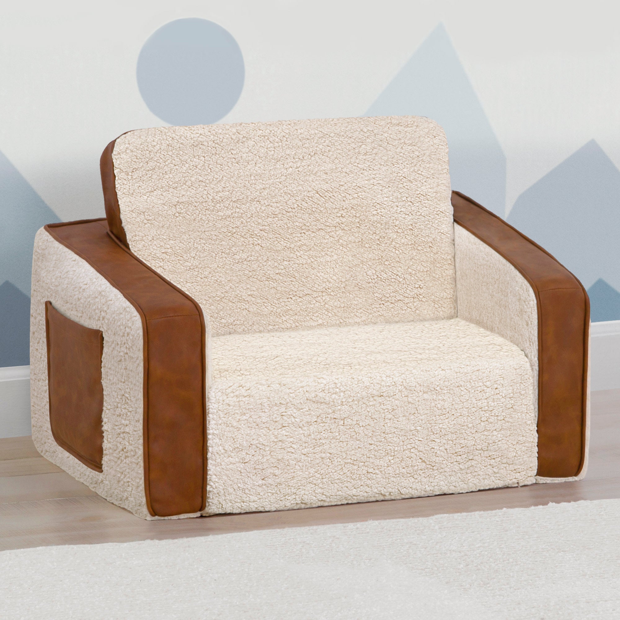 Cozee Flip Out Sherpa and Leather 2-in-1 Convertible Chair to Lounger for Kids - Soft and Durable Kids Furniture for Bedroom, Playroom, or Reading Nook