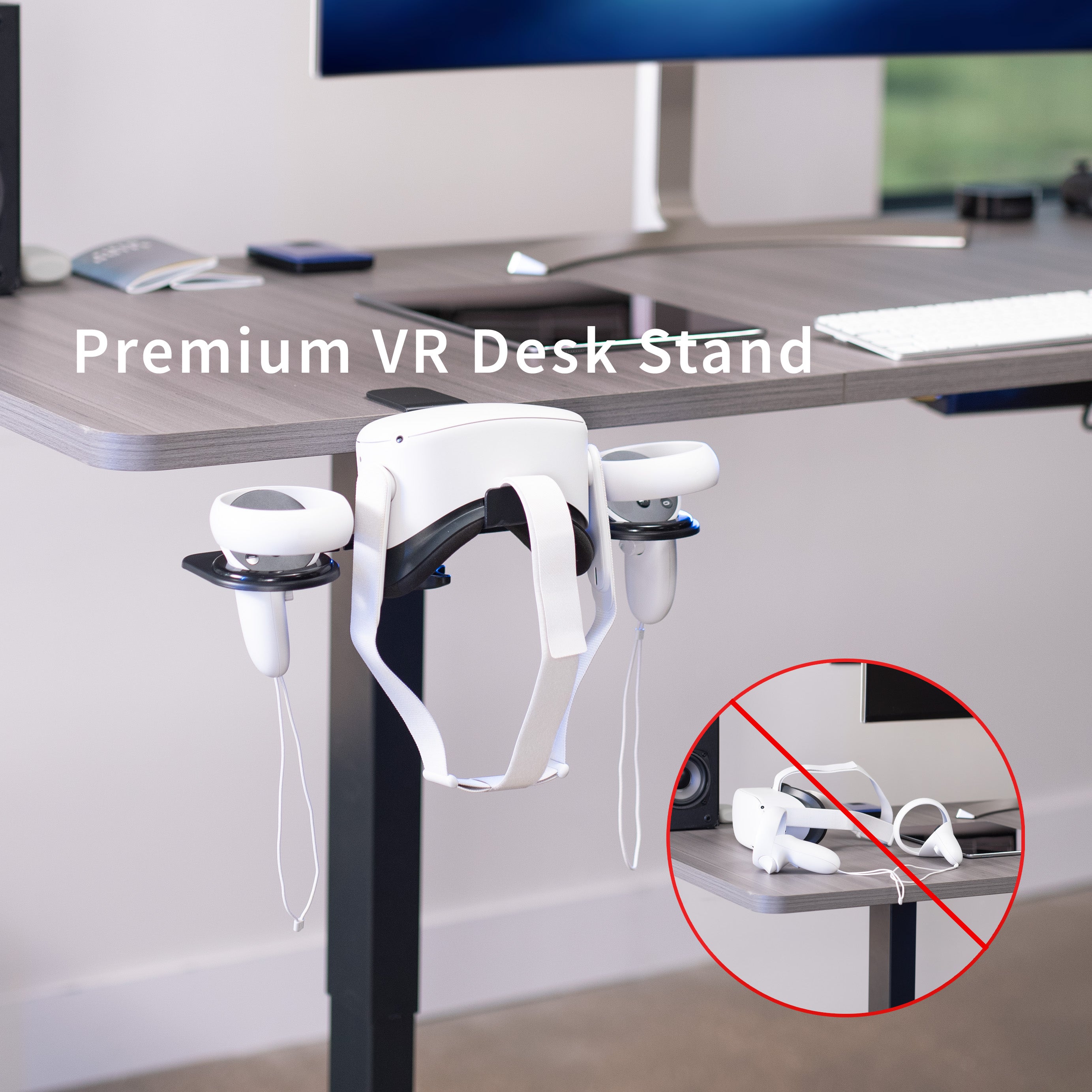 Universal Clamp-On VR Headset Stand - Adjustable Holder for Oculus Quest 2, Meta Rift, HTC Vive - Perfect for Gaming Setup & VR Accessories Organization