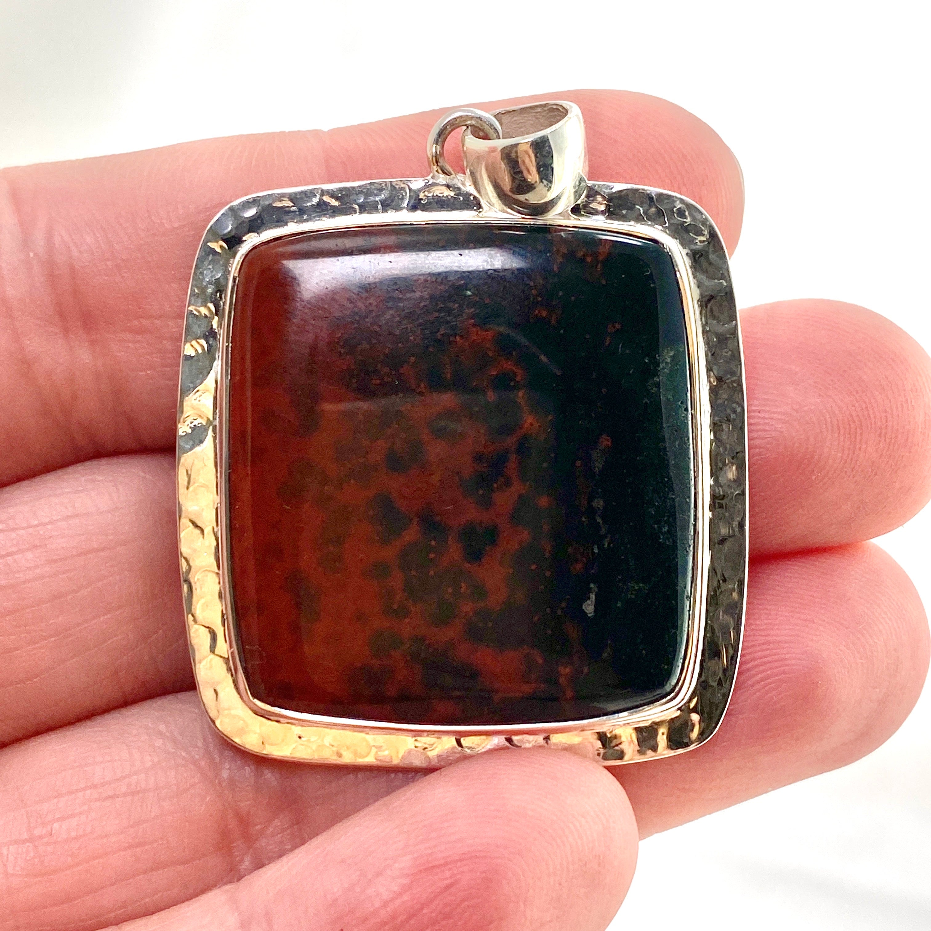 Natural Bloodstone Square Cabochon Pendant in Hammered Sterling Silver Setting KPGJ4743 - Perfect for Healing Jewelry, Meditation & Spiritual Gifts