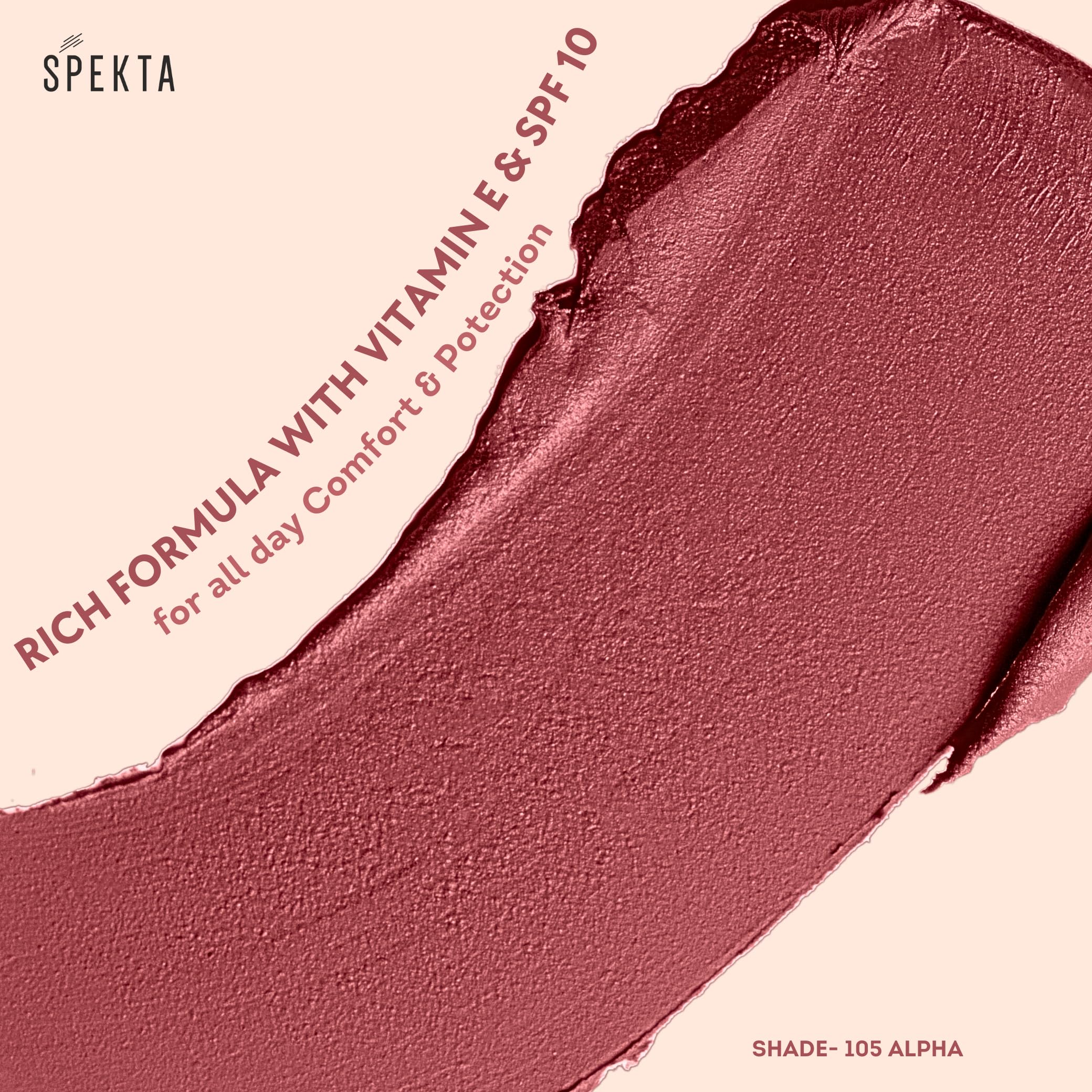 Spekta Matte Lipstick - Long Lasting Nude Pink Shade 105 Alpha (Dusty Rose, 3.7g) | Vegan, Transfer-Proof with SPF 10 | Perfect for Everyday Wear, Date Night & Professional Meetings