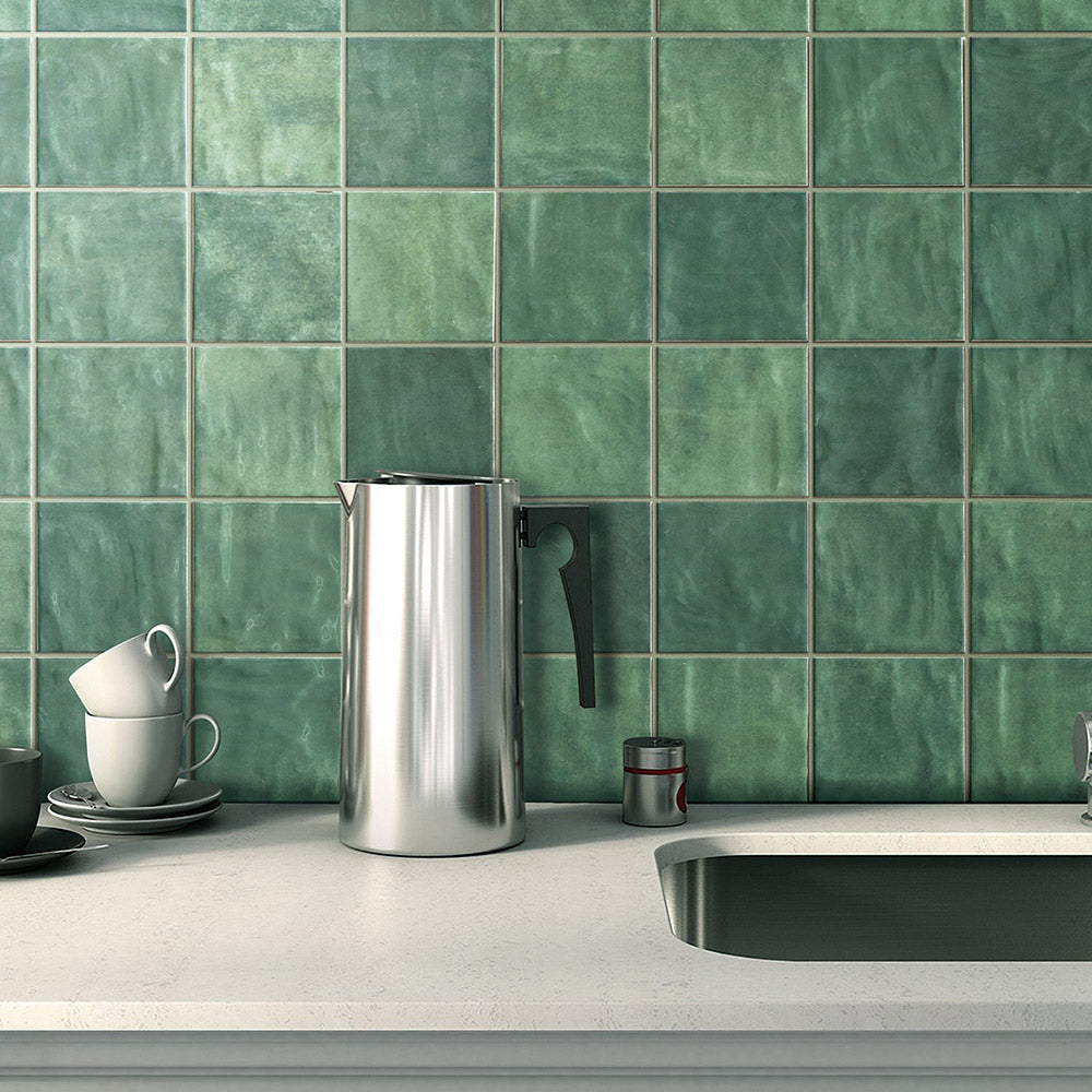 Premium Marrakesh Green 120X120mm Zellige Matte Square Tile - Moroccan Style Ceramic Wall & Floor Tile for Bathroom, Kitchen Backsplash and Poolside Decor