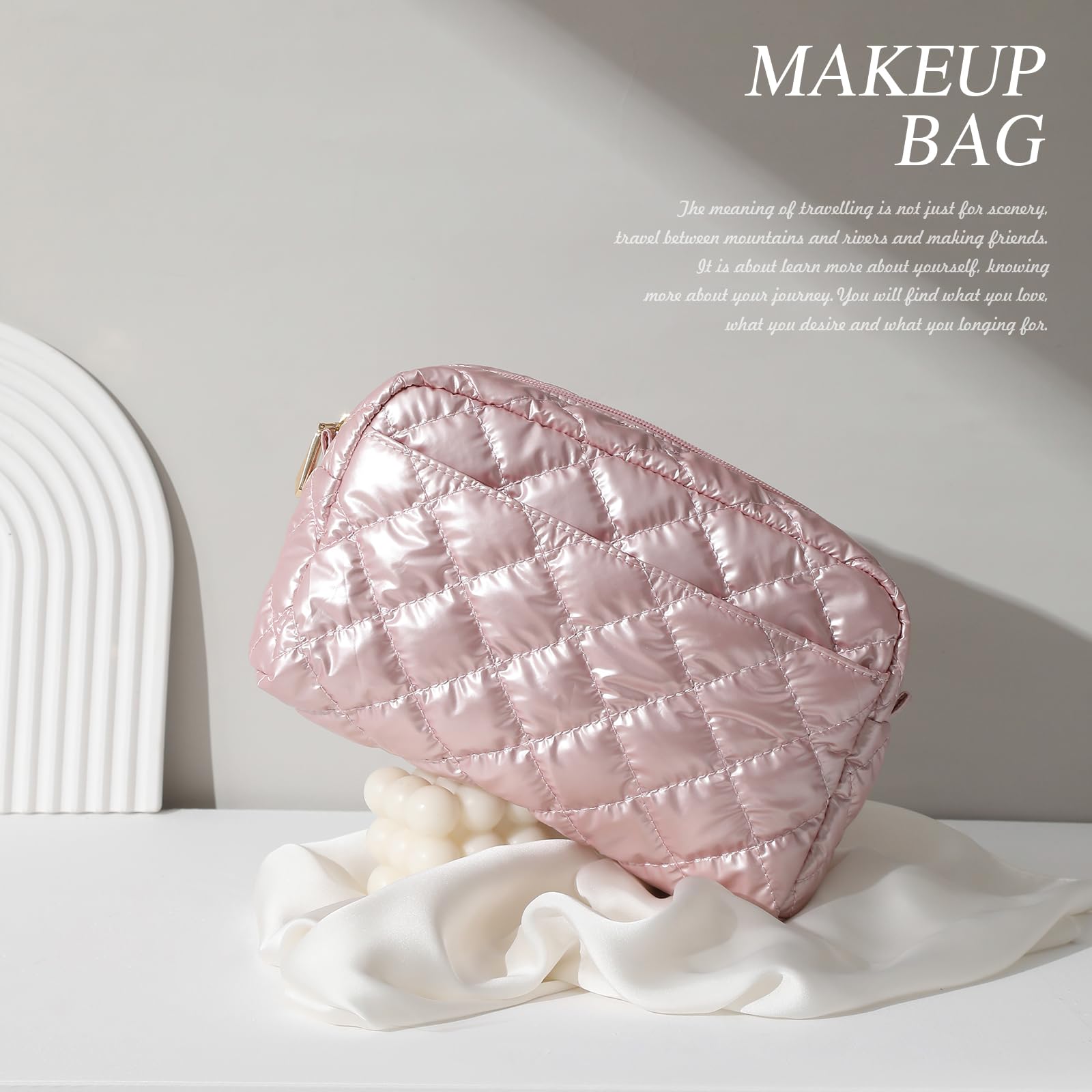 Waterproof Quilted Travel Cosmetic Bag with Zipper - Portable Makeup Organizer Pouch for Women, Puffer Toiletry Bag for Daily Use & Travel, Classy Gift Idea (Pink) - Perfect for Gym, Vacation, Business Trips & On-the-Go Touch Ups