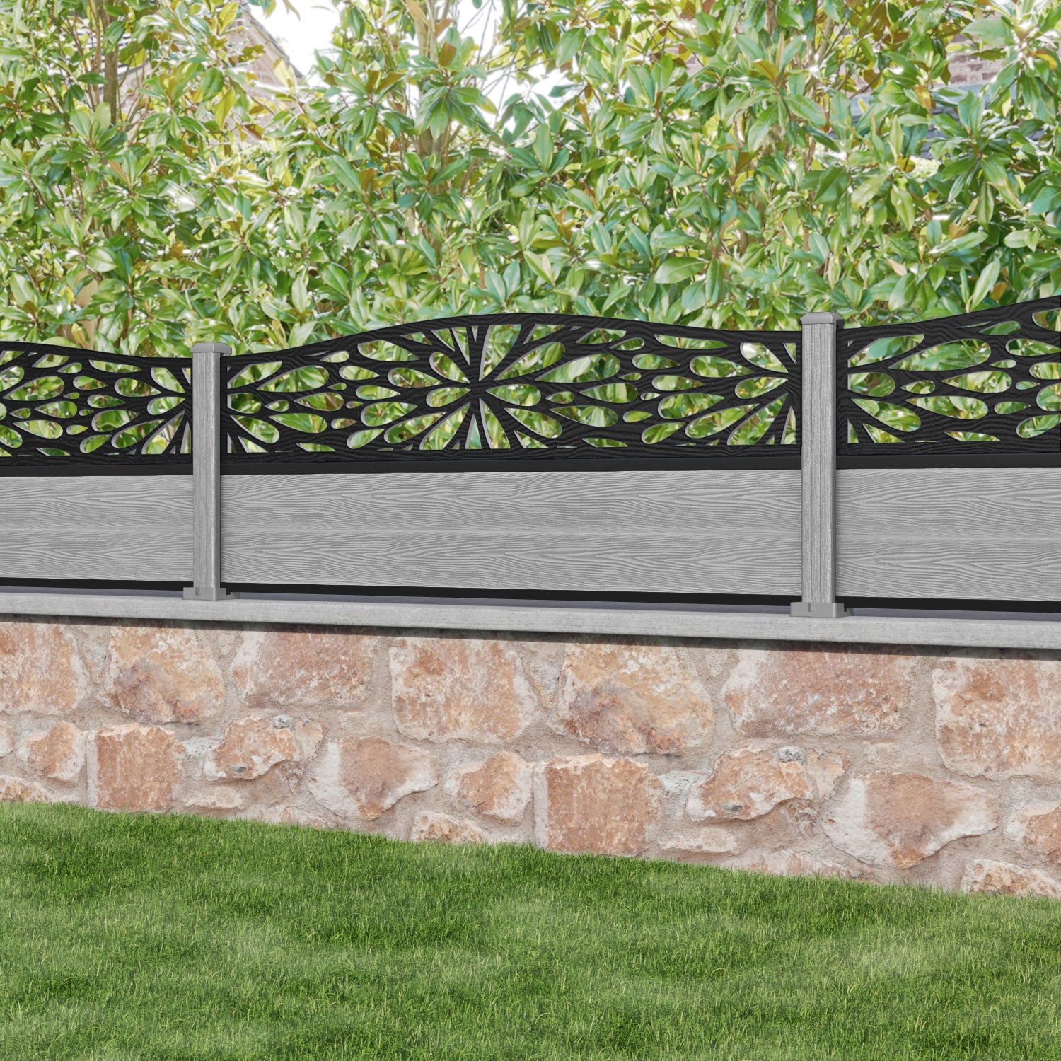 Classic Blossom Curved Top Fence Panel - Light Grey Composite Privacy Fence with Durable Posts | Perfect for Backyard, Garden & Patio Decoration