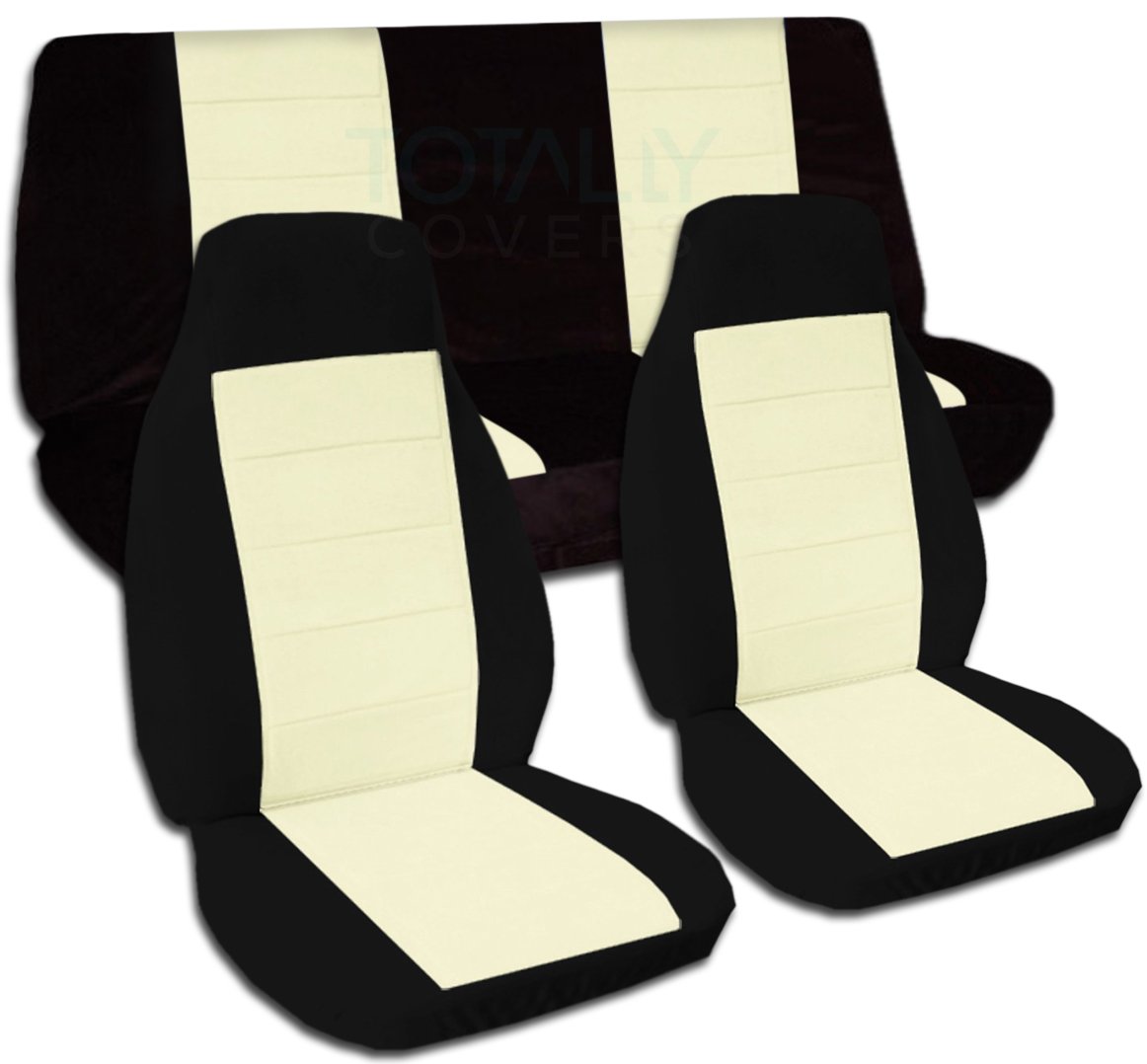 Universal Fit Two-Tone Car Seat Covers - Black & Cream Full Set for Front Buckets & Rear Bench | Airbag/Seat Belt/Armrest Compatible | Perfect for SUVs, Trucks & Sedans | Durable Protection & Stylish Upgrade for Daily Commute, Road Trips & Family Travel