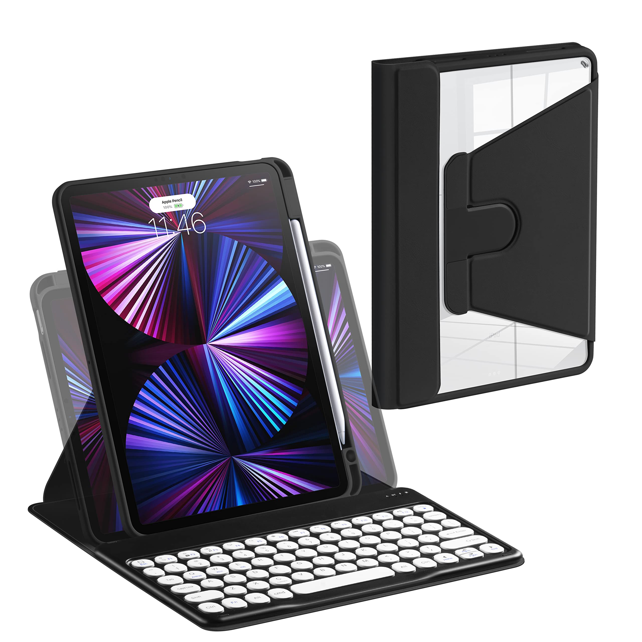 360° Rotatable Magnetic Detachable Keyboard Case for iPad Pro 11 & iPad Air 10.9 Inch - Round Key Caps, Transparent Hybrid Stand Cover (Black) | Perfect for Work, Study & Travel