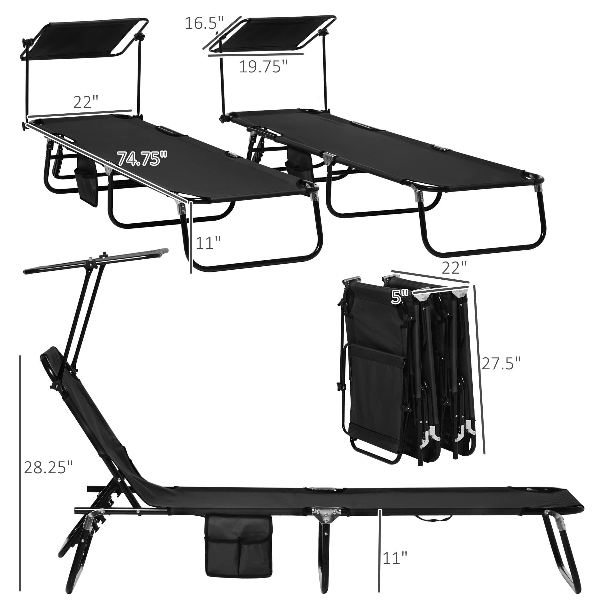 Outsunny 2-Pack Folding Chaise Lounge Chairs with Canopy Shade - Adjustable Reclining Back, Steel Frame & Side Pocket - Perfect for Poolside, Beach, Backyard & Patio Relaxation