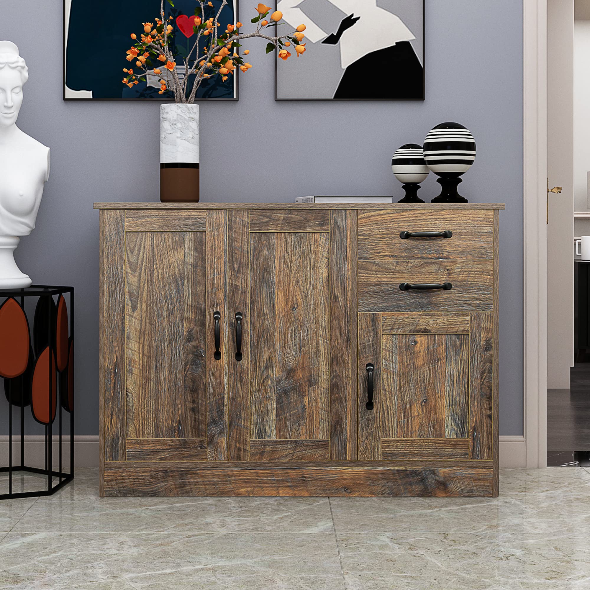 43 Inch Espresso Buffet Storage Cabinet - 2 Door Kitchen Sideboard with Adjustable Shelves, Entryway Console Table & Floor Cabinet for Dining Room, Living Room, Hallway Organization