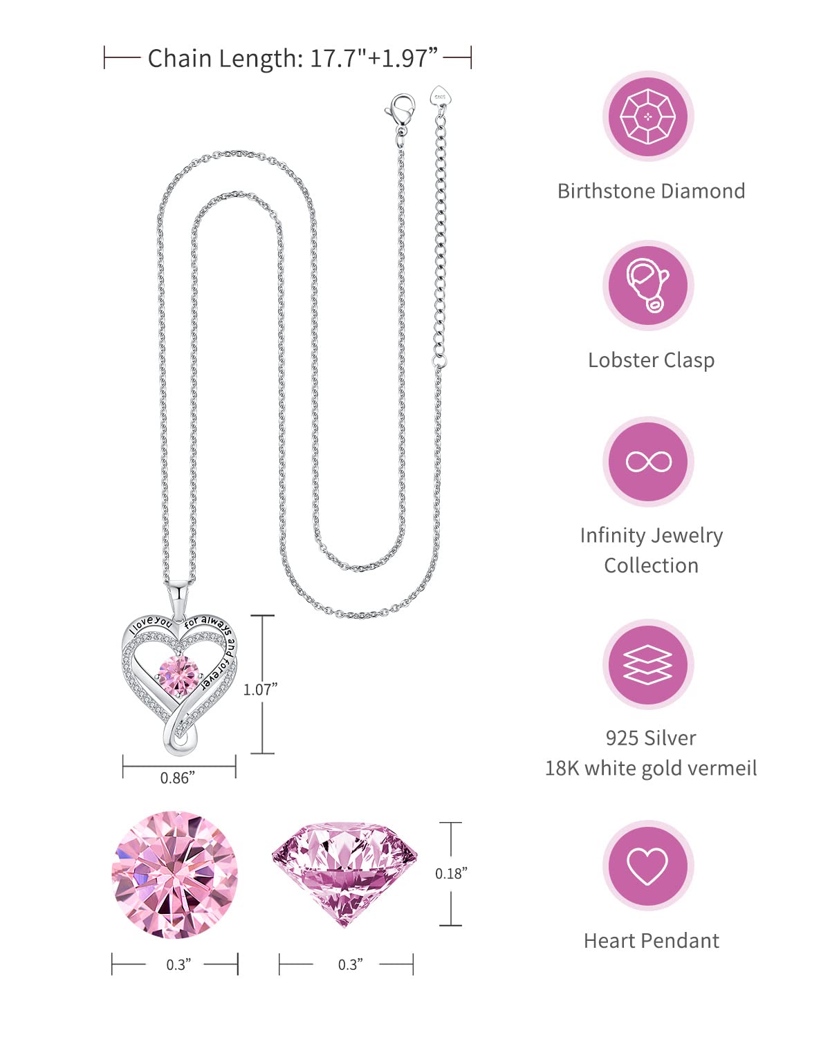 Infinity Heart Birthstone Necklace for Women - S925 Sterling Silver I Love You Jewelry Gift for Wife, Girlfriend, Mom, Daughter - Perfect for Anniversary, Birthday, Valentine's Day | Elegant Everyday Wear & Special Occasion Gift