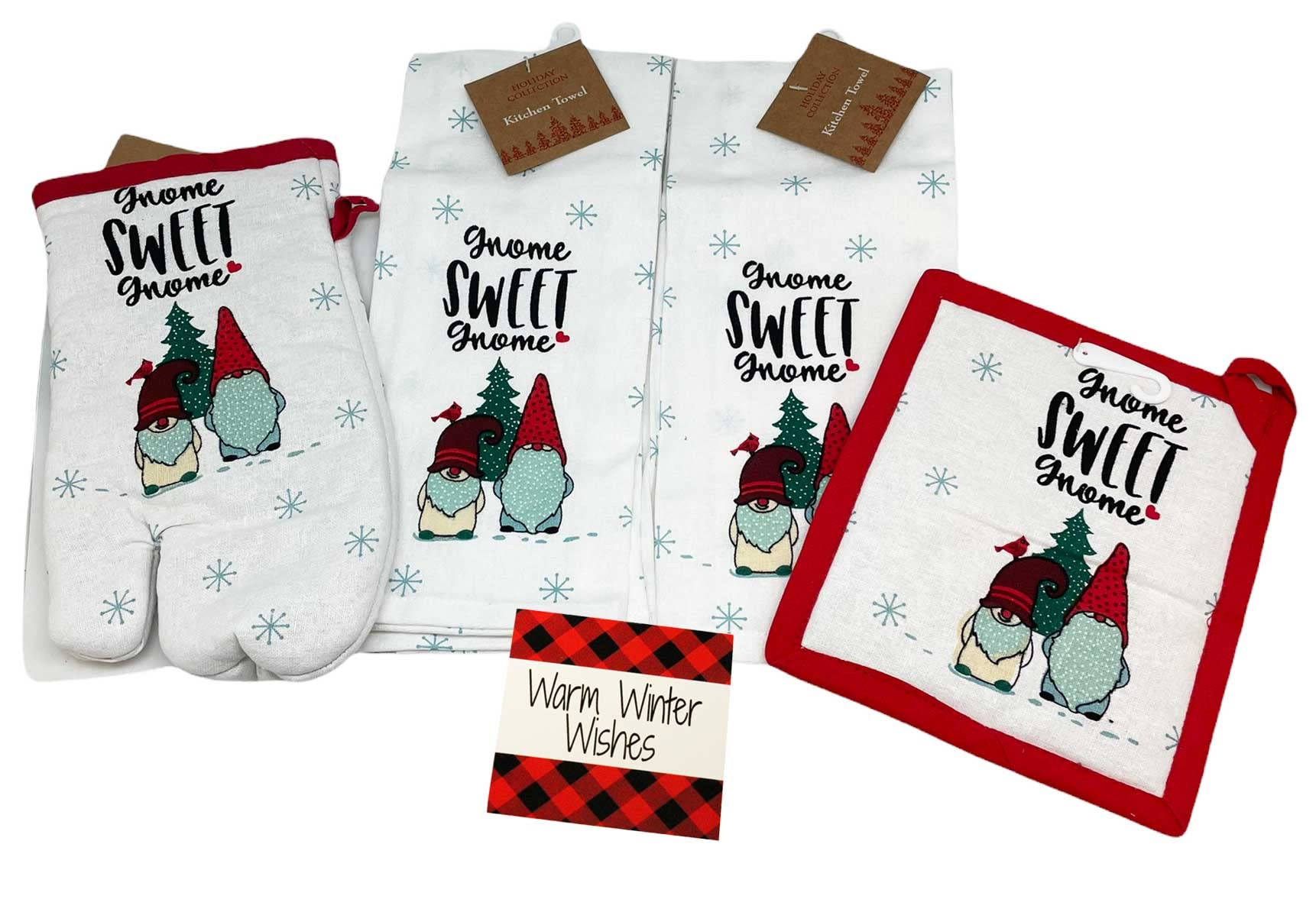4-Piece Christmas Kitchen Towels Set with 2 Gnome Towels, Pot Holder & Oven Mitt - Bonus Holiday Kitchen Magnet Gift Set in Organza Bag - Perfect for Holiday Cooking, Baking & Festive Home Decor