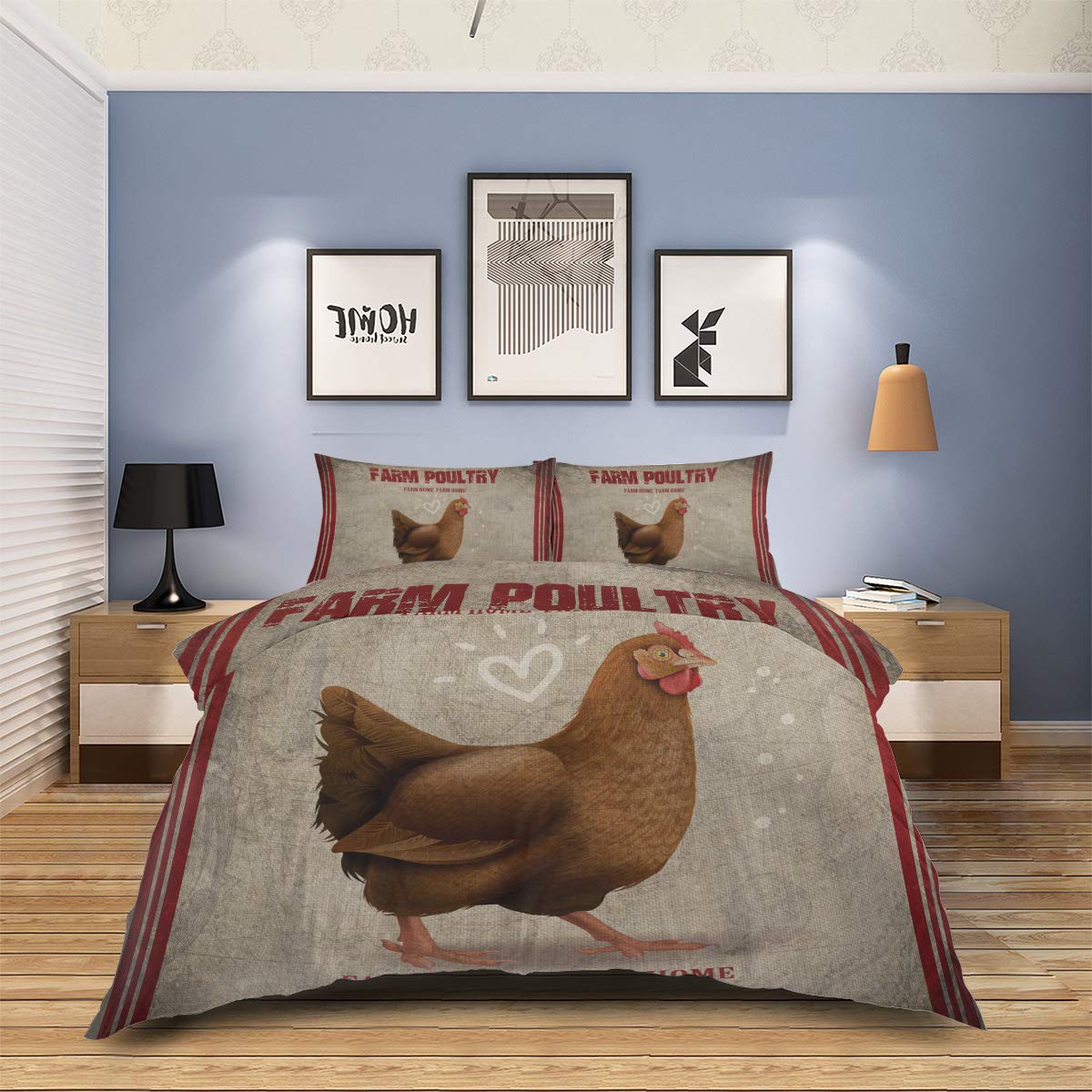Queener Home 4-Piece Farmhouse Retro Chicken Duvet Cover Set - Full Size Luxury Soft Bedding with Decorative Pillowcases - Vintage Poultry Print Quilt Cover & Bedspread - Perfect for Country Style Bedrooms & Cozy Farmhouse Decor