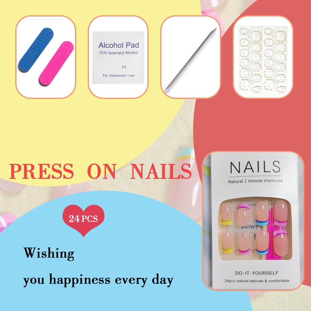 Vibrant Rainbow French Tip Press On Nails - Short Square Fake Nails with Neon Glossy Finish & Cute Designs for Women & Girls | Perfect for Parties, Festivals & Everyday Wear