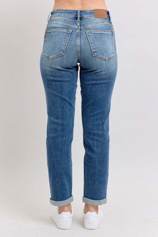 Judy Blue Women's Plus Size Mid Rise Skinny Jeans with Cuff & Pockets - Comfortable Stretch Denim for Casual Wear & Everyday Outfits
