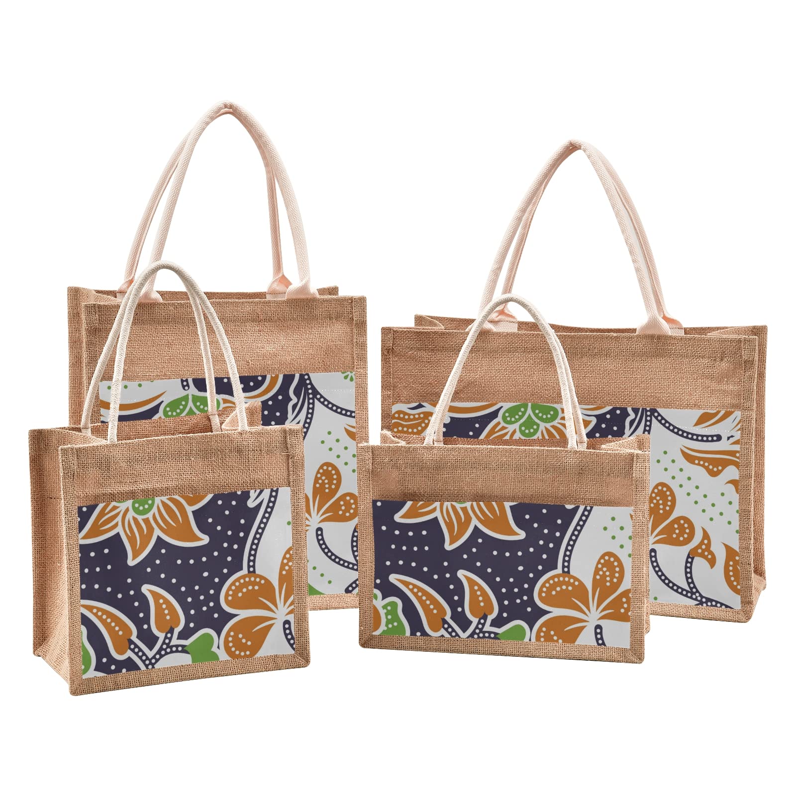 Eco-Friendly Jute Tote Bag Floral Print in Brown & Green | 4 Sizes Reusable Beach & Grocery Shopping Bag with Sturdy Handles | Perfect for Women's Beach Outings, Farmers Market & Sustainable Lifestyle