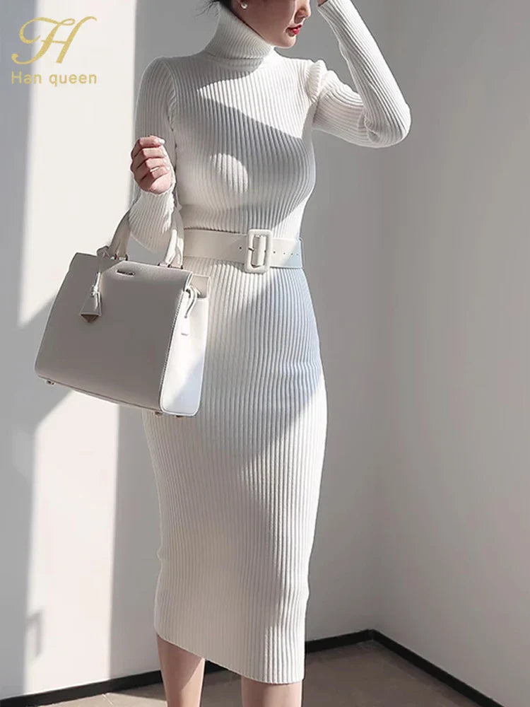 Women's H Han Queen Knitted Turtleneck Sweater Dress - Bodycon Midi Dress with Belt for Autumn Winter | Soft Stretchy Party Outfit for Date Night & Holiday Gatherings