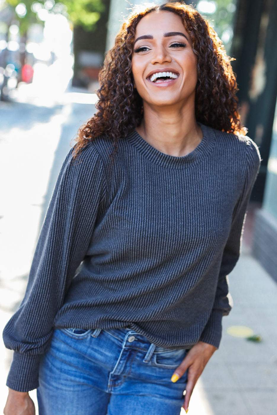 Everyday Charcoal Rib Mineral Wash Long Sleeve Top for Women | Soft Comfortable Casual Shirt | Perfect for Work, Weekend & Layering