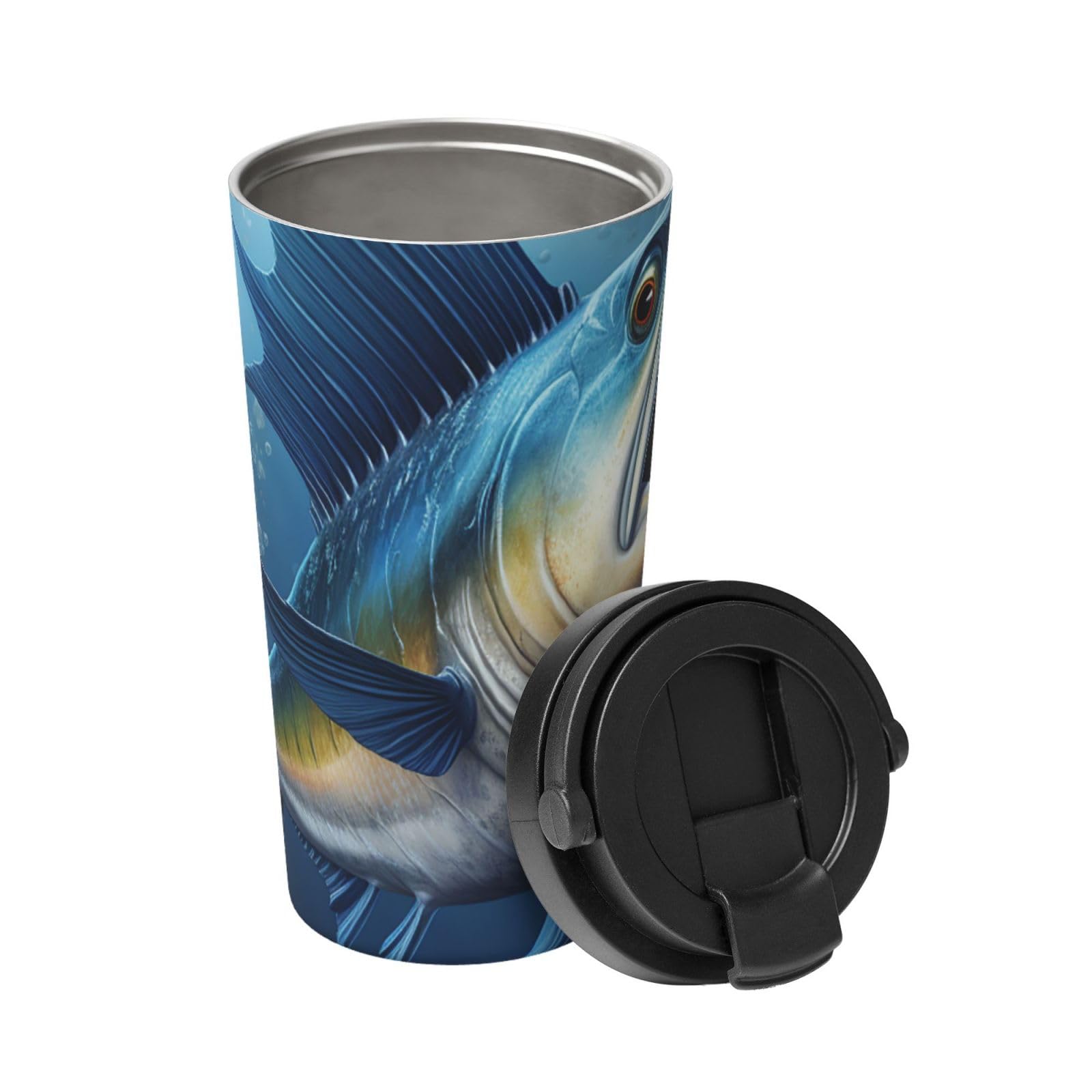 GFLFMXZW Stainless Steel Insulated Coffee Mug with Lid - 20oz Vacuum Insulated Travel Tumbler, Double Wall Thermal Cup for Hot & Cold Drinks - Perfect for Office, Commuting, Camping & Outdoor Activities (Blue Fish Design)