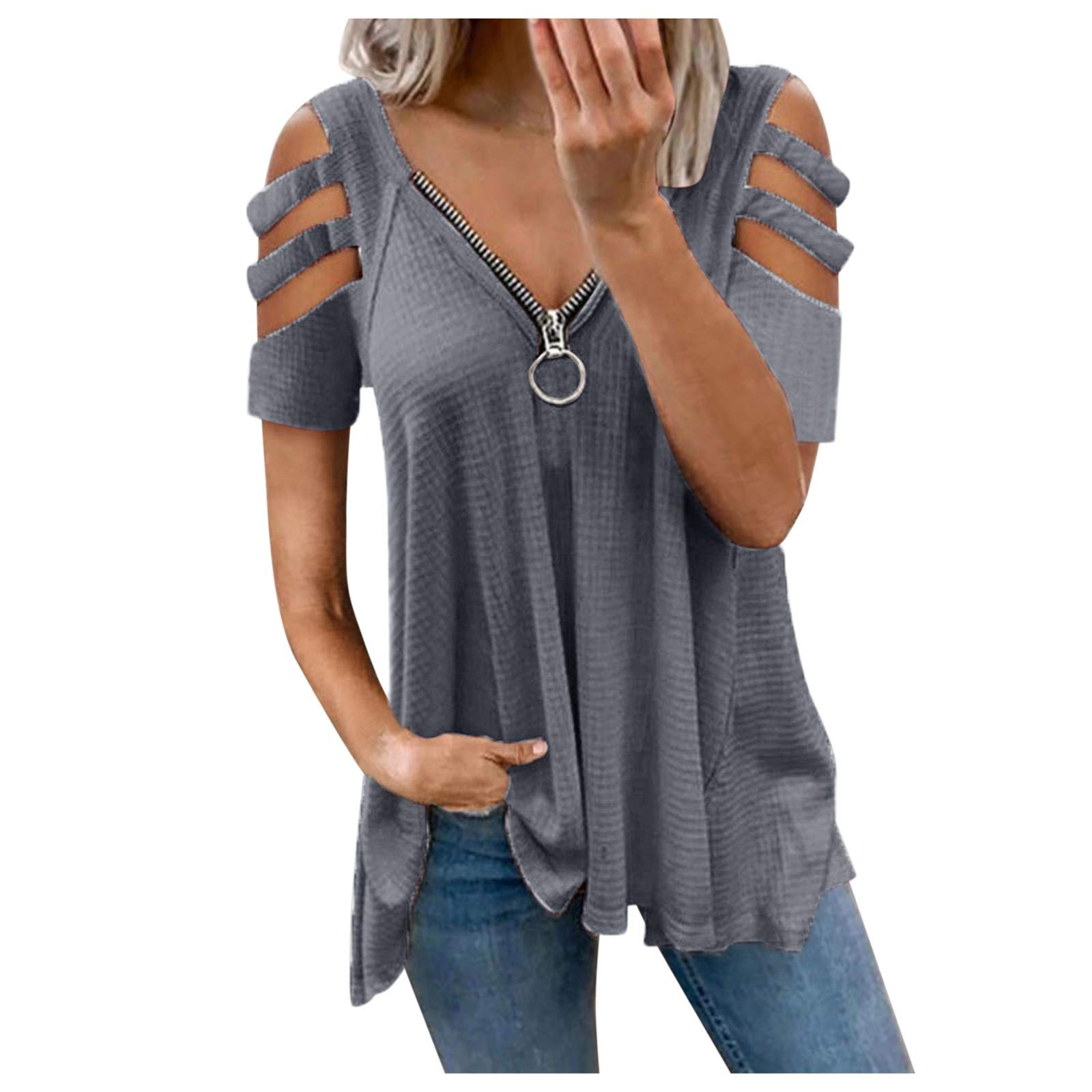 Women's Casual Summer Deep V Neck Short Sleeve Shirt - Breathable Hollow Strapless Fashion Top with Zip Detail | Perfect for Beach, Vacation & Daily Wear