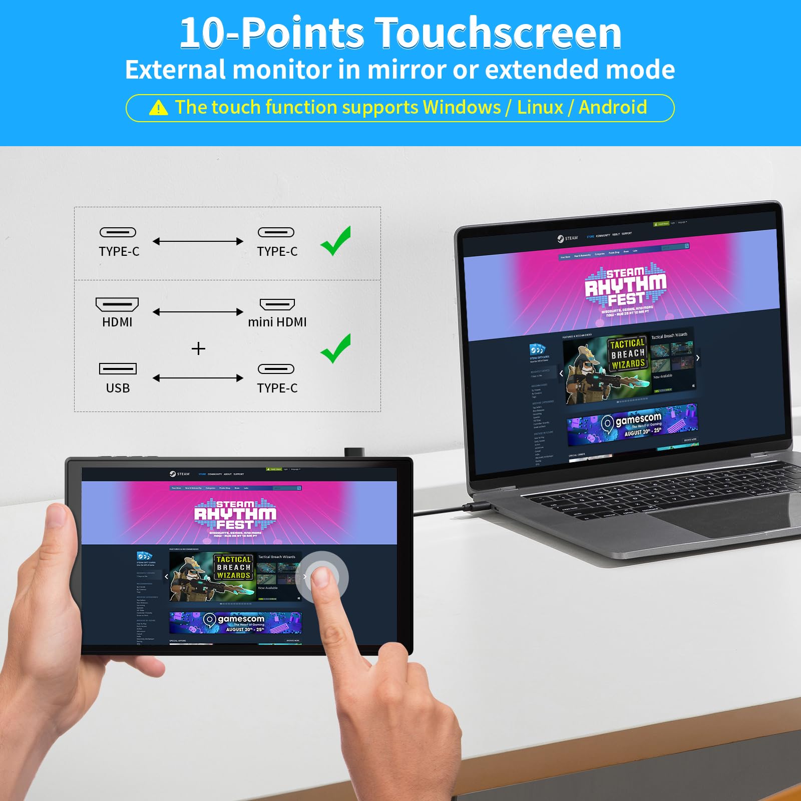PeakDo 7 Inch Portable Touchscreen Monitor - 1080P Full HD 60Hz IPS Display, Ultra Thin & Lightweight USB-C/HDMI Second Screen for Gaming, Work, PS5, Xbox, Switch, Laptop & PC | Perfect for Travel, Office & Home Entertainment