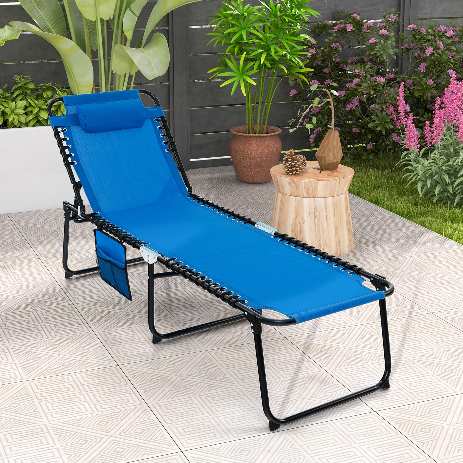 Goplus 5-Position Adjustable Chaise Lounge Chair with Detachable Pillow & Side Pocket - Outdoor Folding Beach Chair for Tanning, Patio, Lawn, Pool & Yard - Perfect for Sunbathing, Relaxing by the Pool or Backyard Lounging