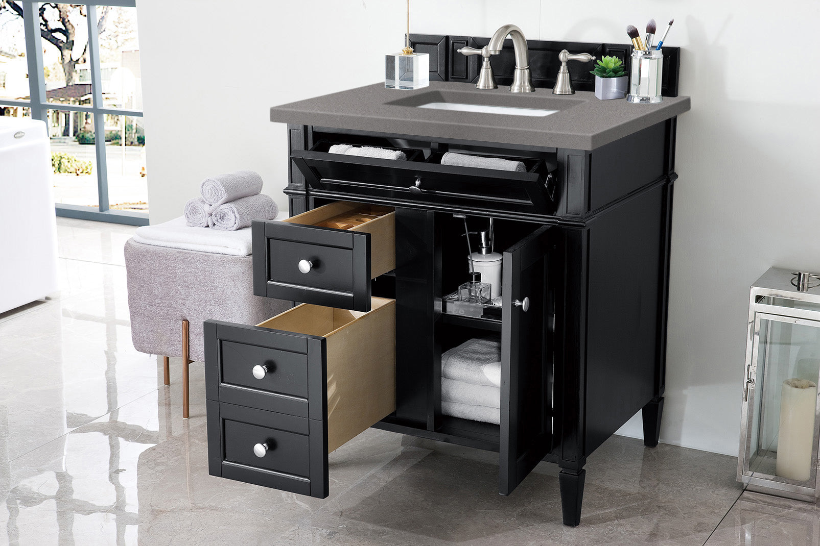 Brittany 30 Inch Single Bathroom Vanity Set in Black Onyx with 3CM Gray Expo Quartz Countertop - Perfect for Modern Master Bathrooms & Powder Rooms