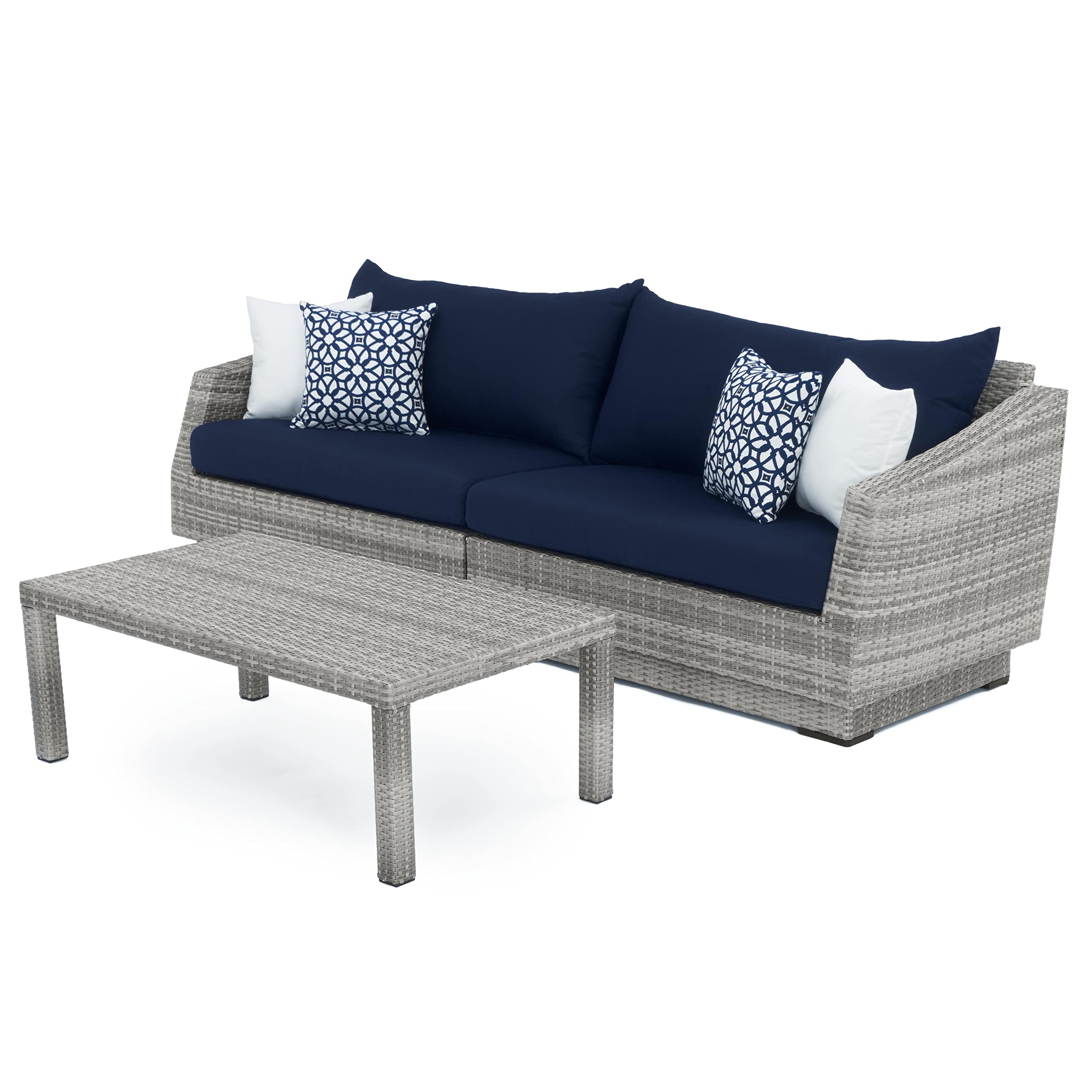 RST Brands Cannes Outdoor Patio Sofa Set with Coffee Table - Navy Blue Water-Resistant Cushions for Backyard, Garden, and Poolside Relaxation