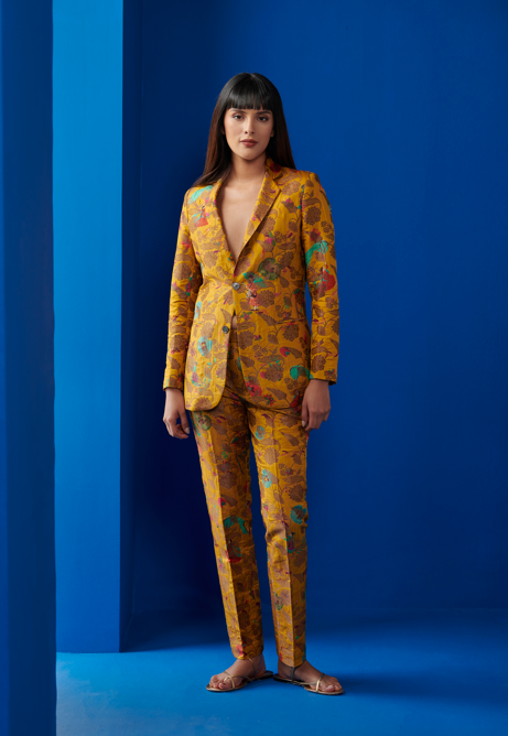 Mustard Silk Brocade Boot Cut Trousers for Women - Elegant & Comfortable Pants for Office, Party & Special Occasions