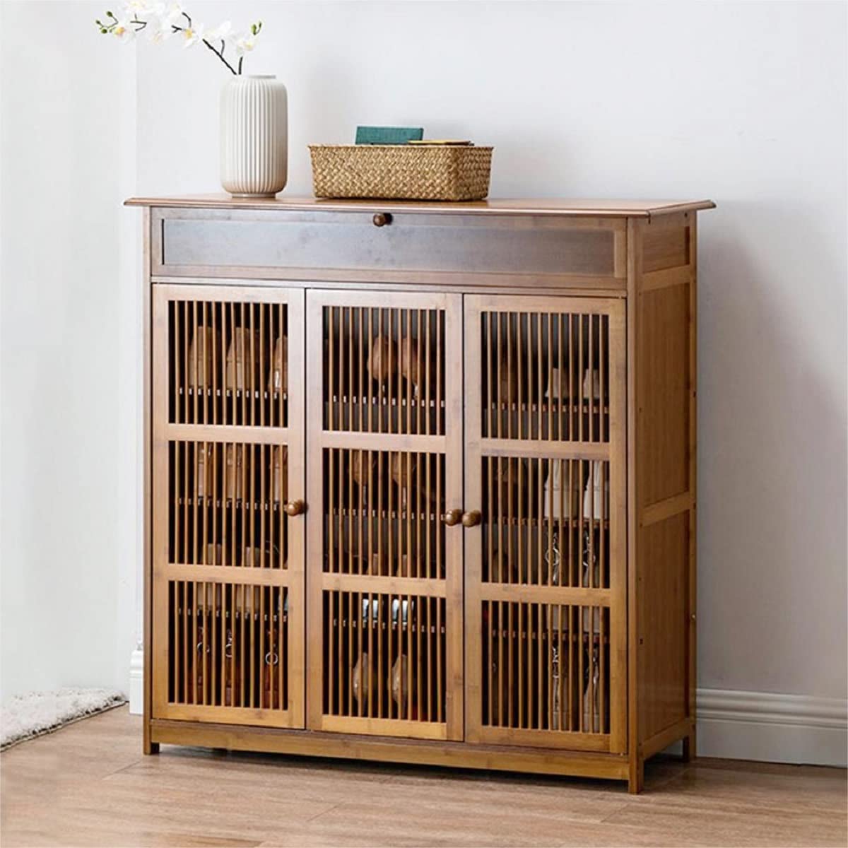 Gdrasuya10 4-Tier Bamboo Shoe Storage Cabinet with Doors - 40 Inch Entryway Shoe Rack Organizer for High Heels, Boots, Sneakers & Slippers - Perfect for Closet, Bedroom & Mudroom Organization