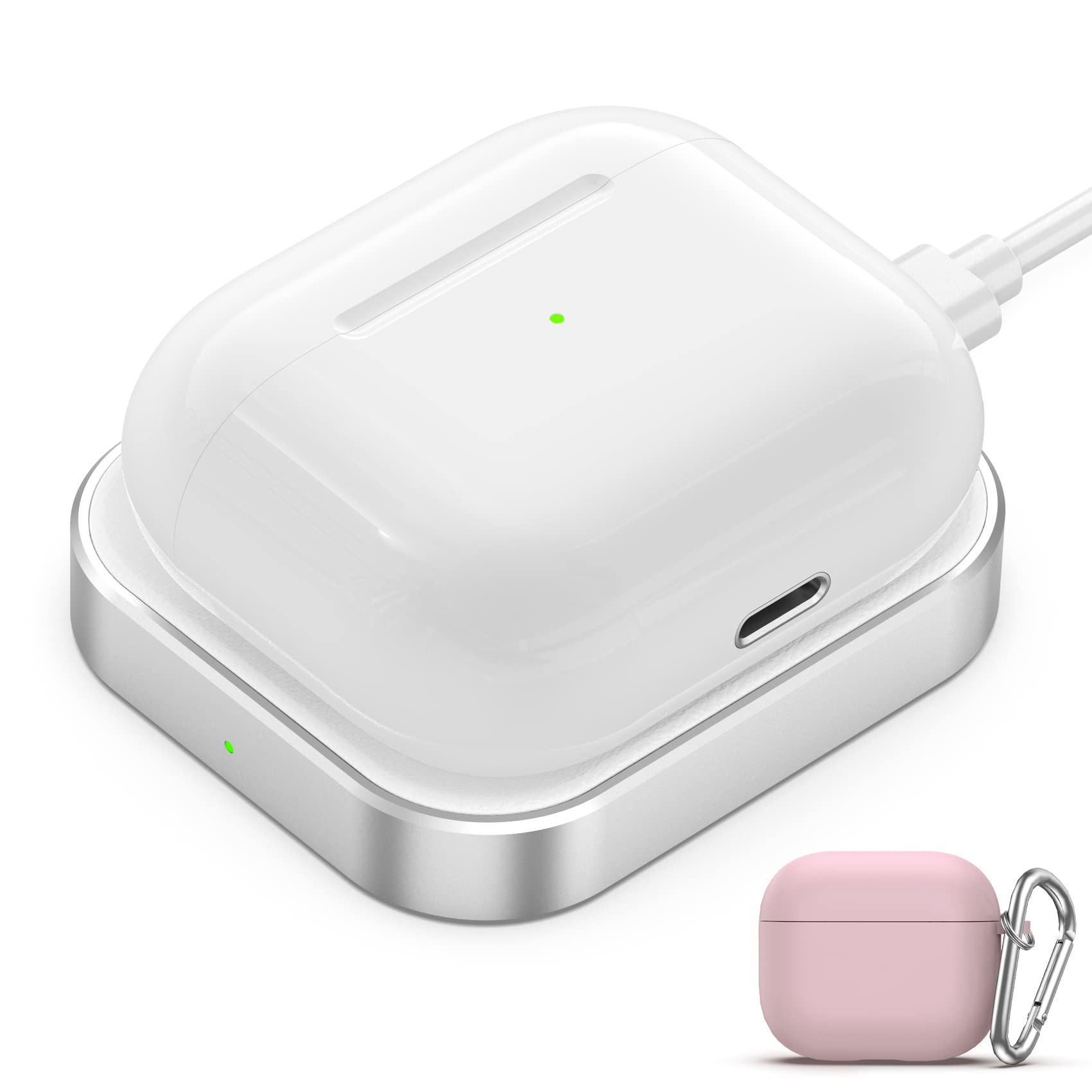 **AirPods 3 Wireless Charger (White) with Protective Case (Pink) & Keychain – Compatible with AirPods 3rd Gen & 2nd Gen – Perfect for Travel, Gym & Daily Use**