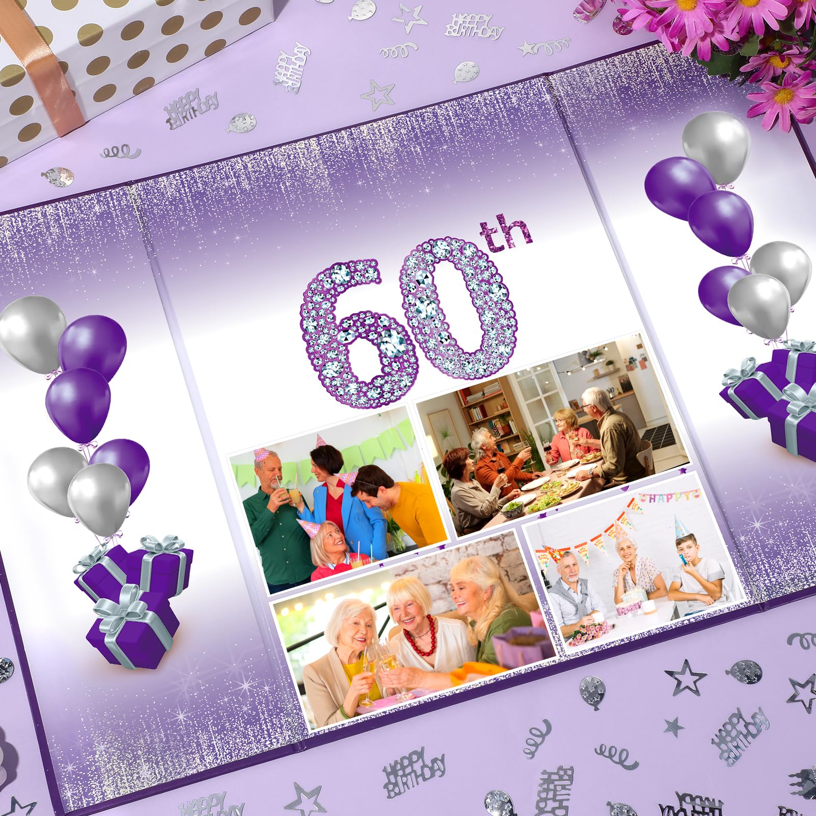 Purple & Silver 60th Birthday Party Decorations Set - Unique Guest Book Alternative for Women & Men - Perfect for 60th Anniversary Celebrations, Gifts, and Party Supplies | Great for Milestone Birthday Decor, Signature Keepsake, and Special Occasion Favors