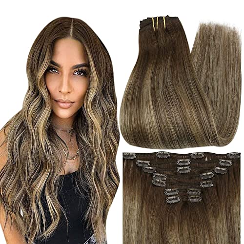 Full Shine Balayage Clip-in Hair Extensions - 4/24/4 Ombre Color & Lace Clip-ins - 100% Real Human Hair - Perfect for Parties, Weddings & Everyday Styling