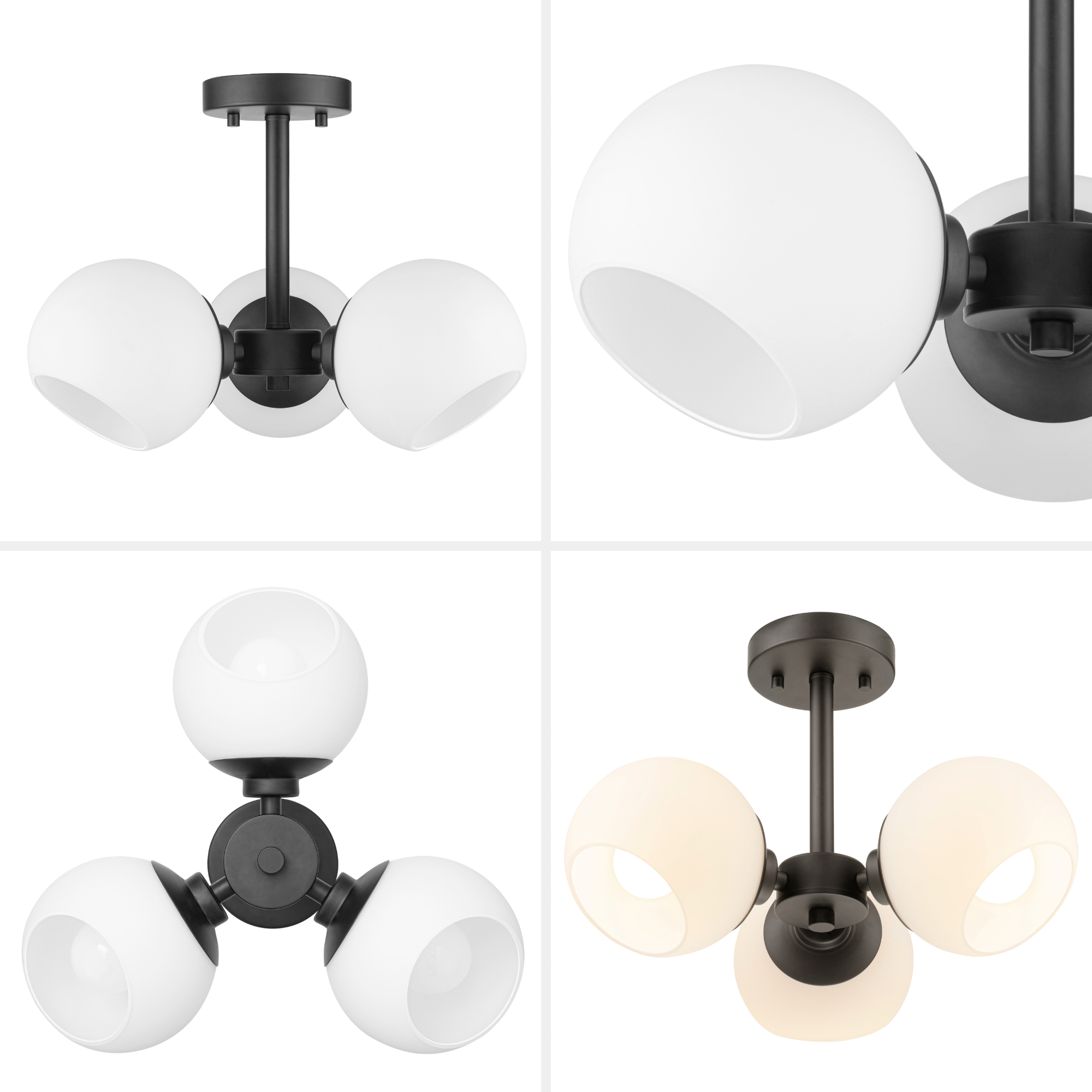 3-Light Stoll Semi Flush Mount Ceiling Light Fixture - Matte Black Finish with Opal Glass Shades - Perfect for Bedroom, Dining Room or Hallway Lighting