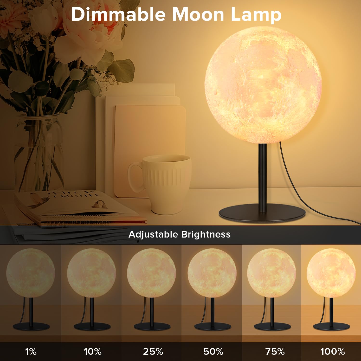 Dimmable Moon Lamp Night Light - 30 Lighting Modes, USB Rechargeable Bedside Table Lamp for Bedroom, Kids Room, Office & Dorm Decor | Perfect Gift for Women, Men, Teens Birthday & Home Decoration | Creates Romantic Ambiance for Bedtime Reading & Relaxation