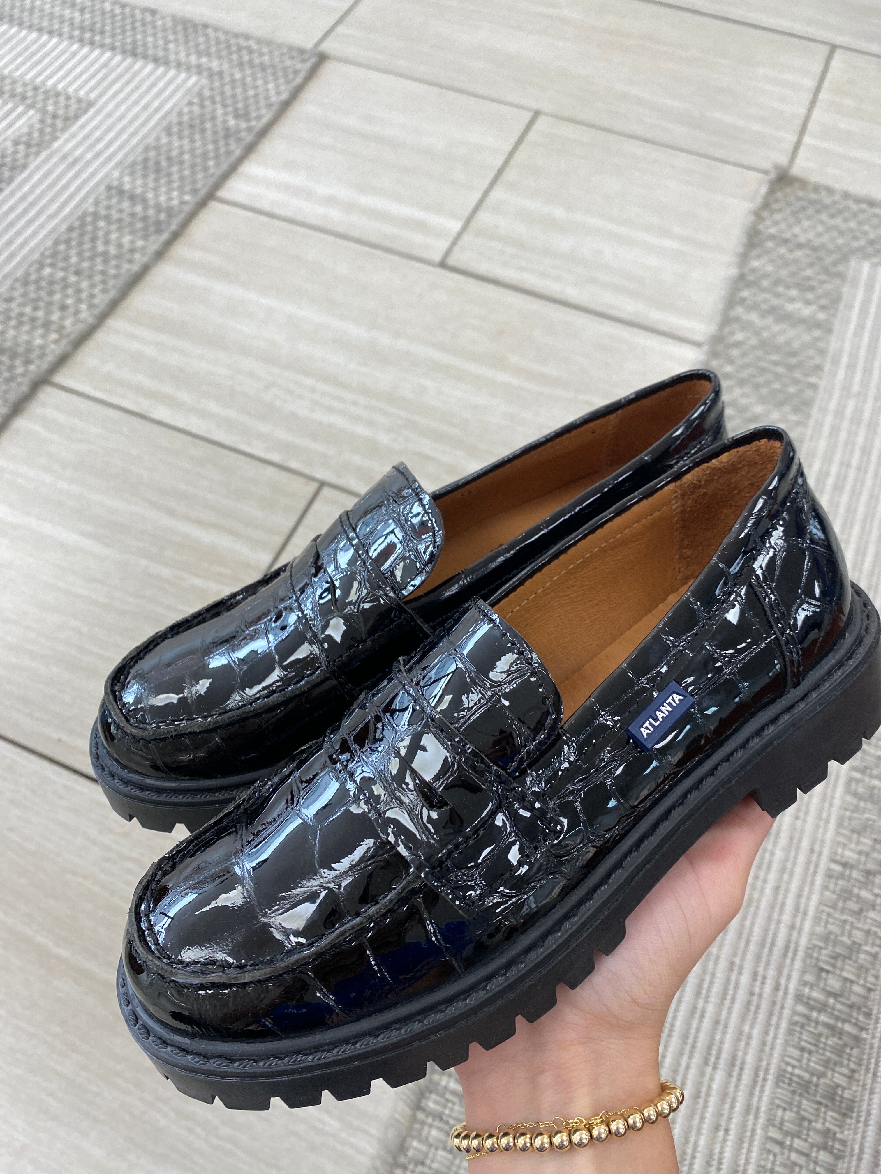 Black Patent Croc Chunky Penny Loafers for Men - Atlanta Moccasin Style Comfortable Slip-On Shoes for Casual & Office Wear