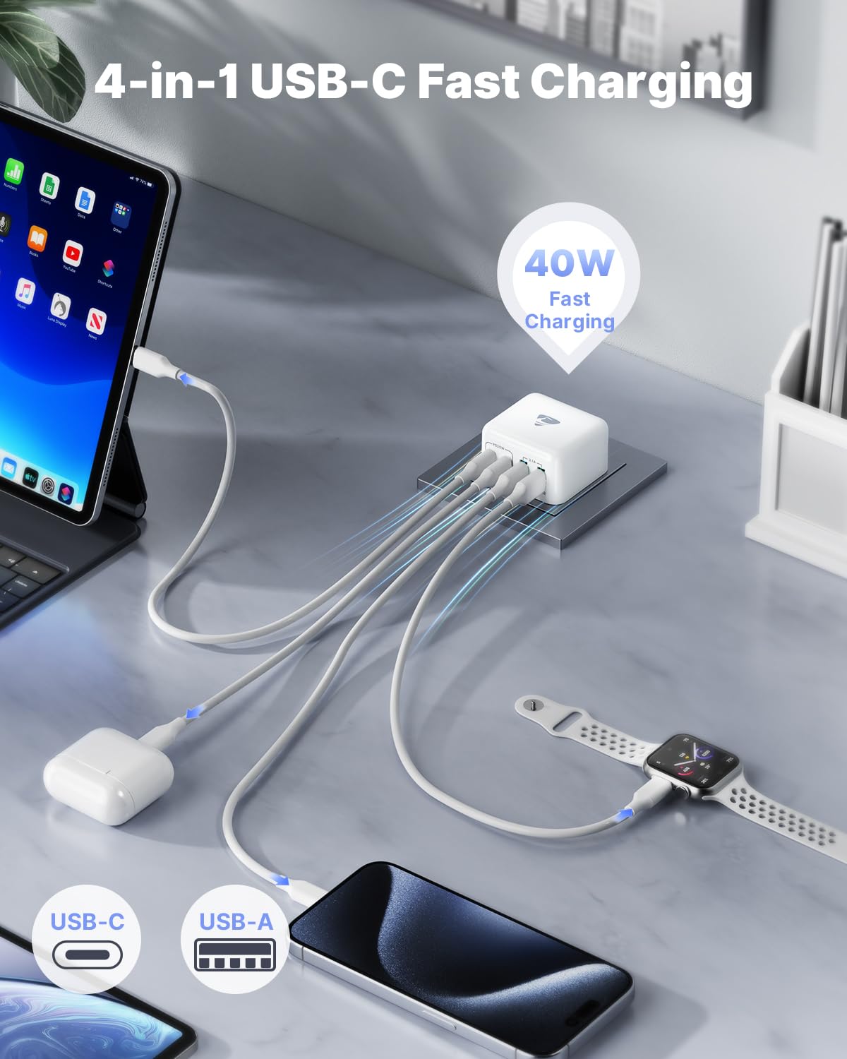 Aioneus 40W 4-Port USB C Fast Charger with Dual PD+QC - Wall Plug Power Adapter for iPhone 15 Pro Max/14/13/12/11/XS/XR/SE, iPad, Samsung Galaxy - Perfect for Home, Office & Travel Charging Multiple Devices Simultaneously