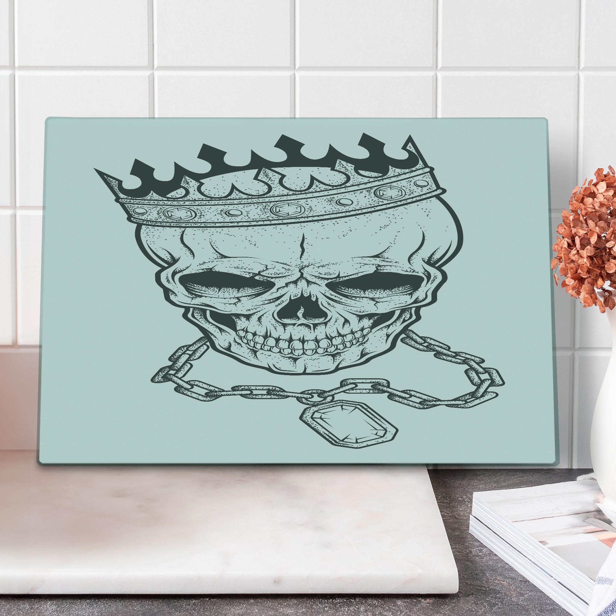 Ambesonne King Size Tempered Glass Cutting Board - Skull with Crown Hip Hop Street Style Print, Large Charcoal Grey & White Decorative Serving Board for Kitchen, Dining & Party Use
