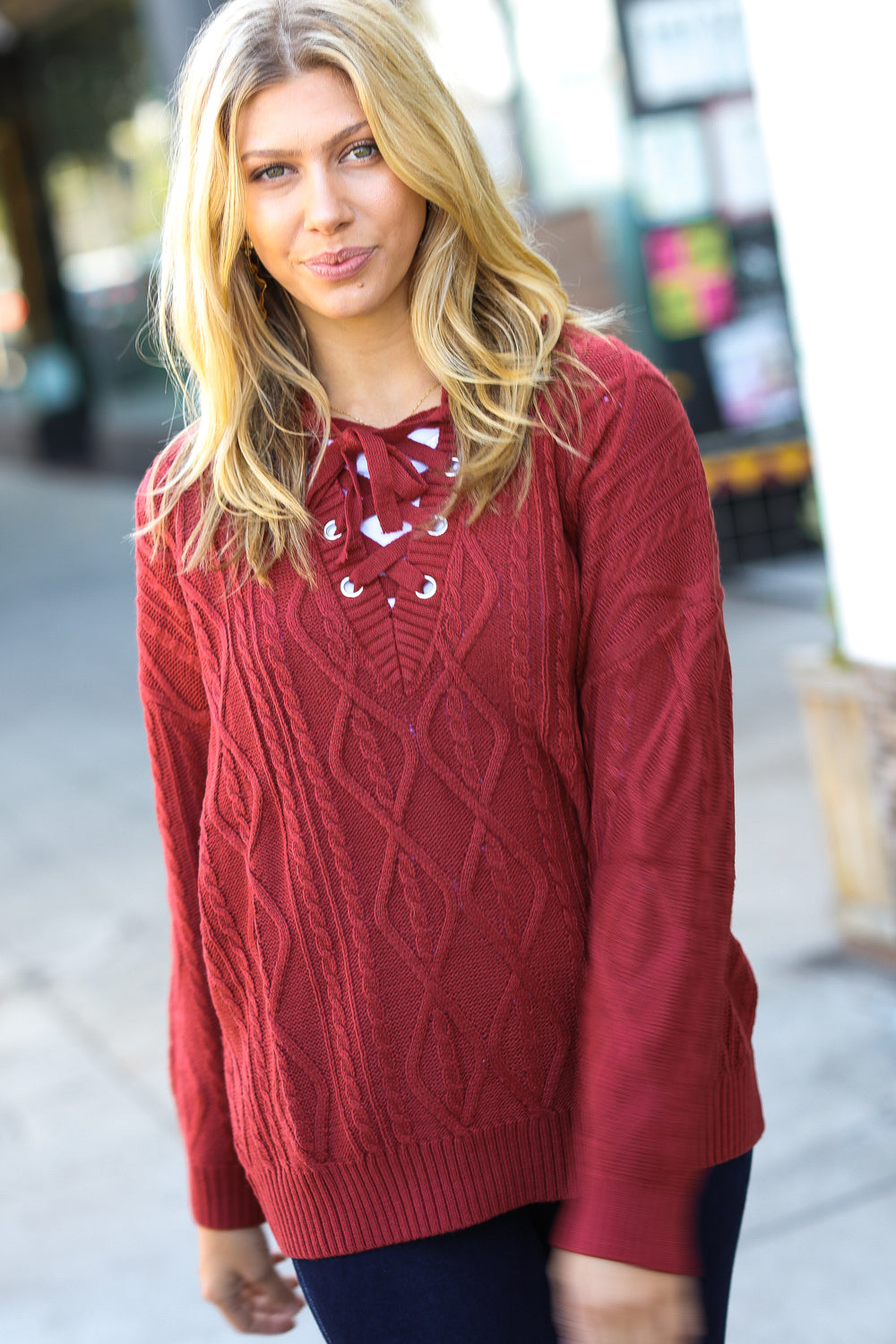 Fall Vibes Rust Cable Knit Lace-Up V-Neck Sweater for Women | Cozy Autumn Pullover | Perfect for Pumpkin Patch, Thanksgiving & Date Nights