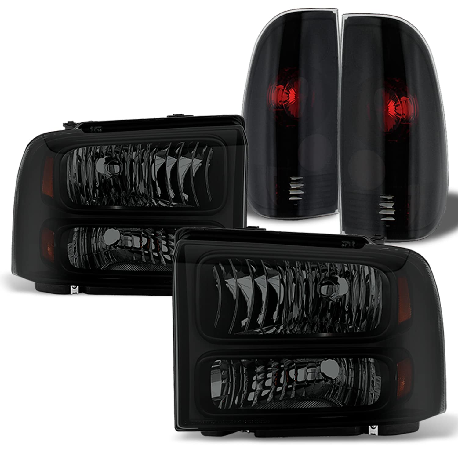 AKKON Black Smoked Headlights & Tail Lights Pair for 2005-2007 Ford F250 F350 F450 Super Duty - Upgrade Your Truck's Style & Night Visibility (Off-Road, Night Driving, Custom Look)