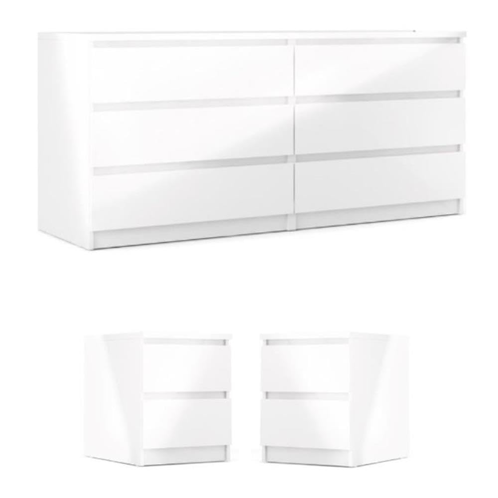 Pemberly Row 3-Piece Bedroom Set - White Gloss Finish 2 Nightstands & Double Dresser | Modern Bedroom Furniture for Master Suite & Guest Room