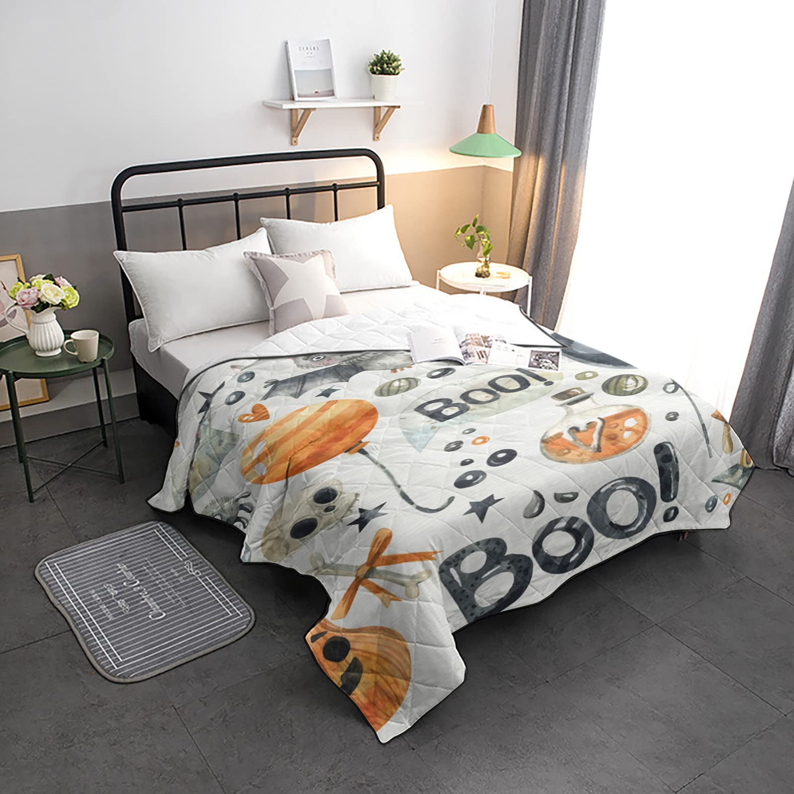 Soft Quilted Down Alternative Comforter - Reversible Halloween Ghost Pumpkin Duvet Insert Blanket for Bed & Sofa (88x88 Inch) | Cozy Fall Decor & Spooky Bedroom Theme